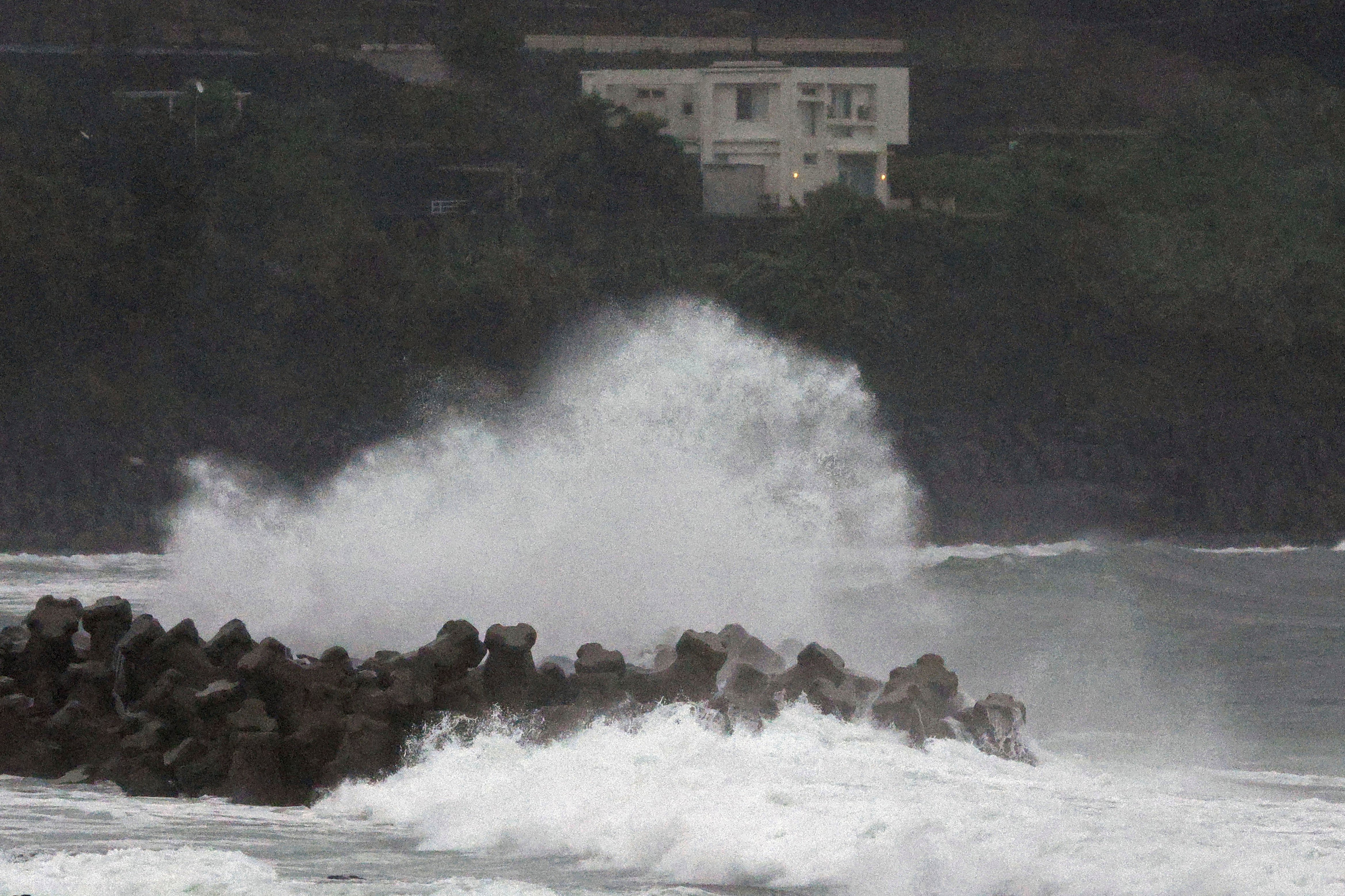 Waves hit a coastal area in Makurazaki, Kagoshima prefecture, western Japan, as a typhoon is approaching