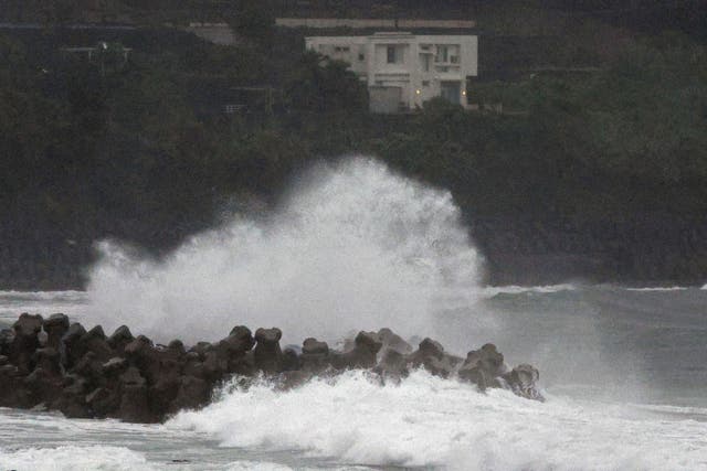 <p>Waves hit a coastal area in Makurazaki, Kagoshima prefecture, western Japan, as a typhoon is approaching</p>