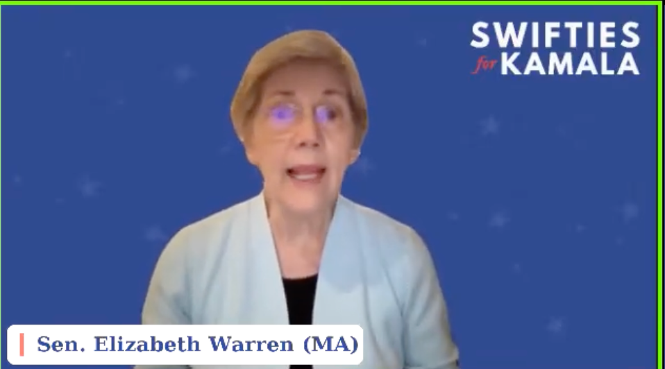 Senator Elizabeth Warren speaks to Swifties at the online rally