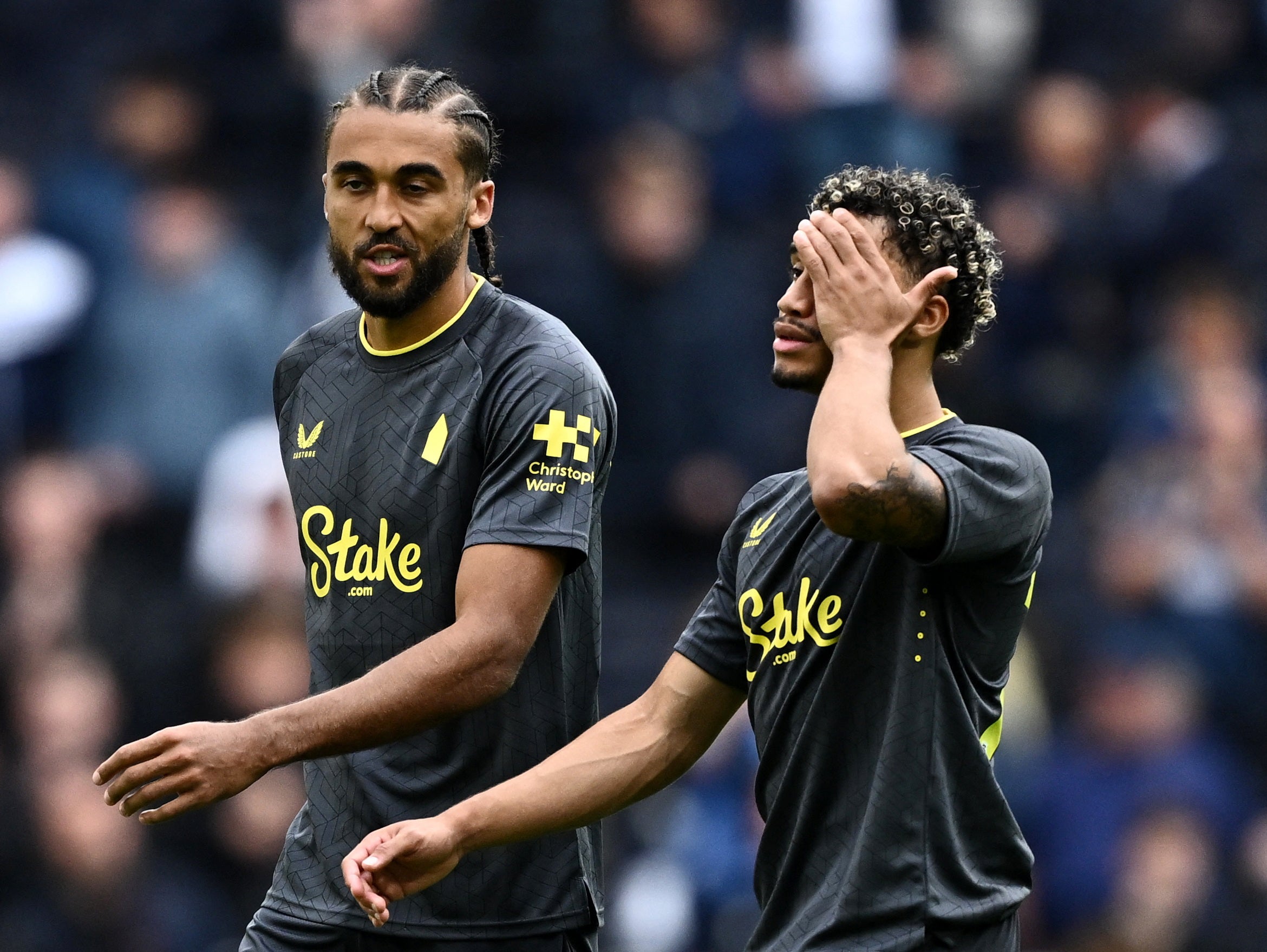 Everton’s Dominic Calvert-Lewin and Roman Dixon react against Tottenham