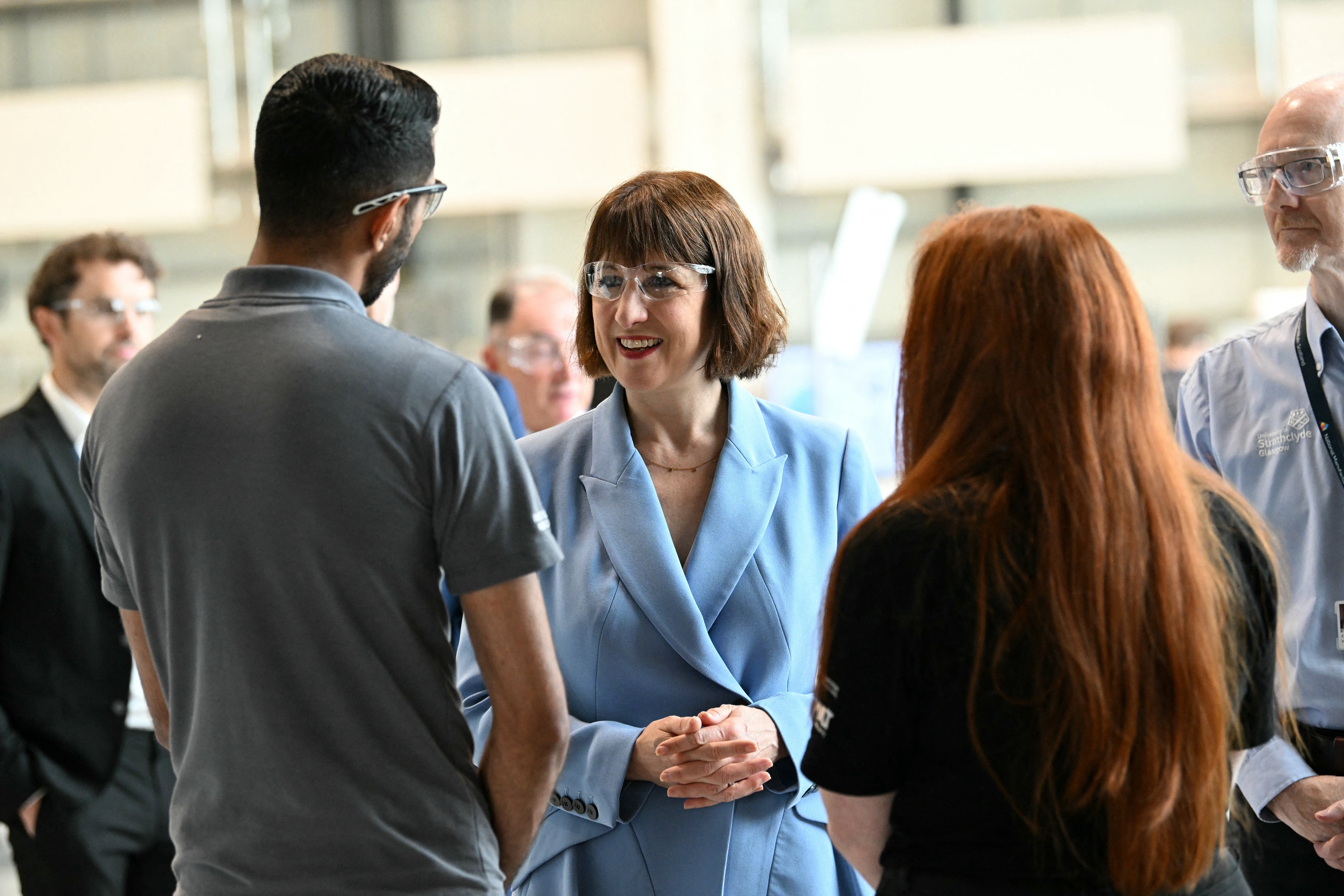 Politics tamfitronics Britain's Chancellor of the Exchequer Rachel Reeves talks with apprentices during a visit to the National Manufacturing Institute Scotland (NMIS), west of Glasgow