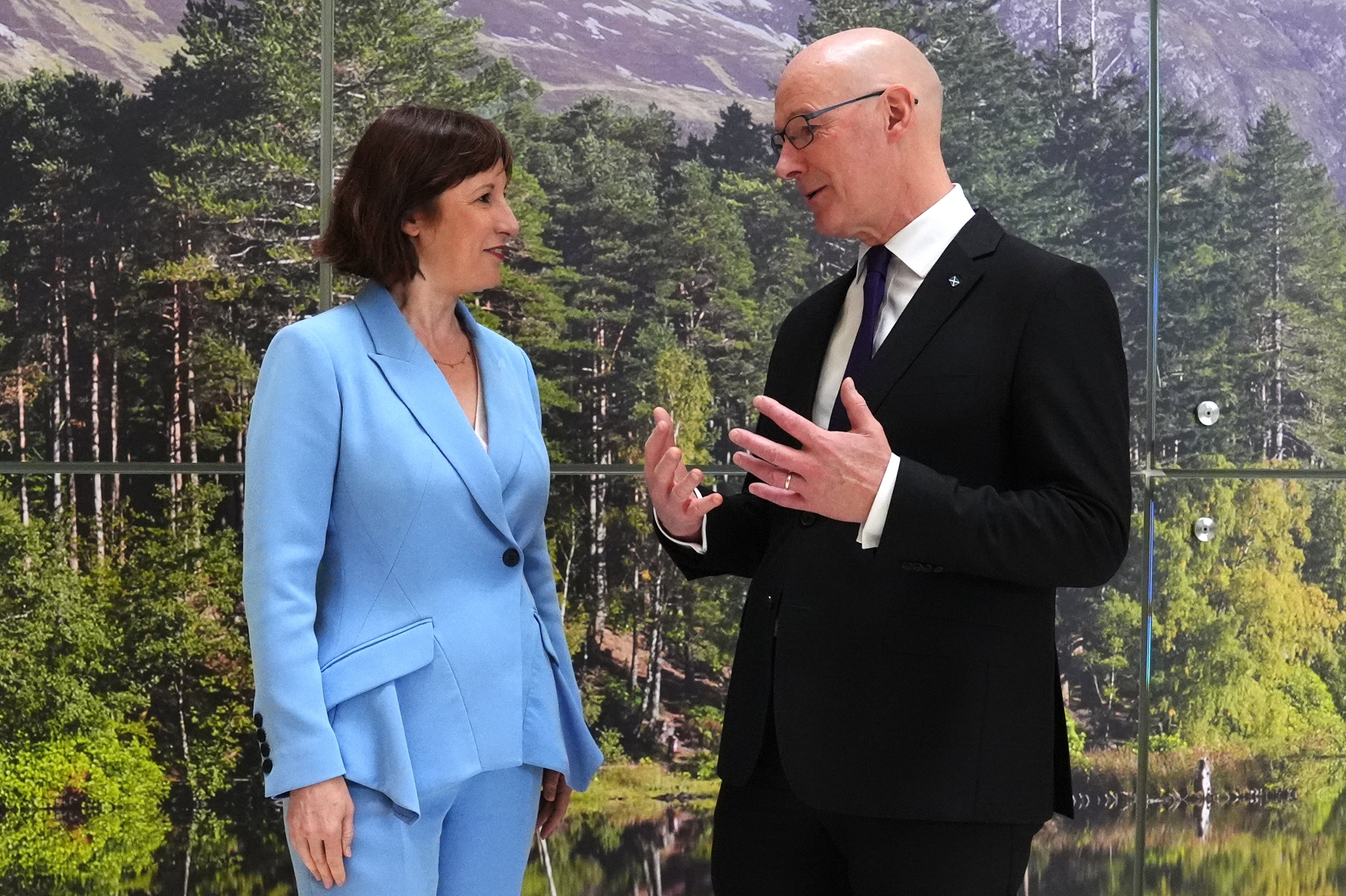 Politics tamfitronics Scottish First Minister John Swinney and Chancellor of the Exchequer Rachel Reeves during a visit to Atlantic Quay in Glasgow, Scotland