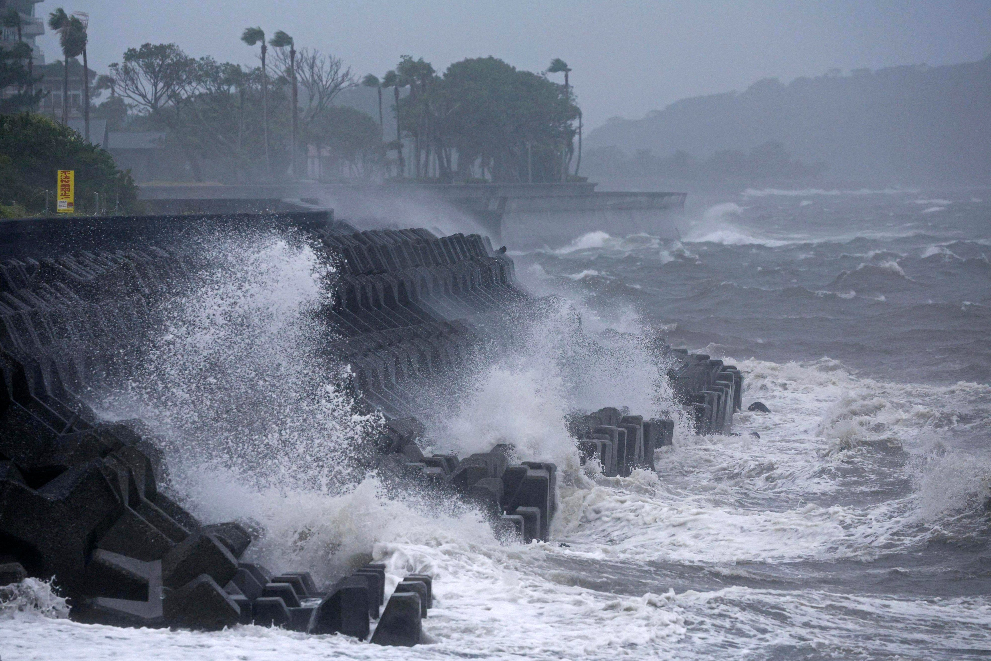 High waves hit a coastal area in Ibusuki, Kagoshima prefecture