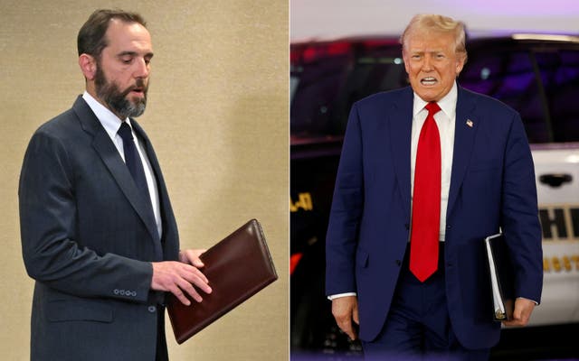 <p>Special Counsel Jack Smith (L) in Washington, DC, on June 9, 2023 and Donald Trump in Howell, Michigan, August 20, 2024. On August 27, prosecutors filed a revised indictment of Donald Trump on charges that he tried to overturn the 2020 election results </p>