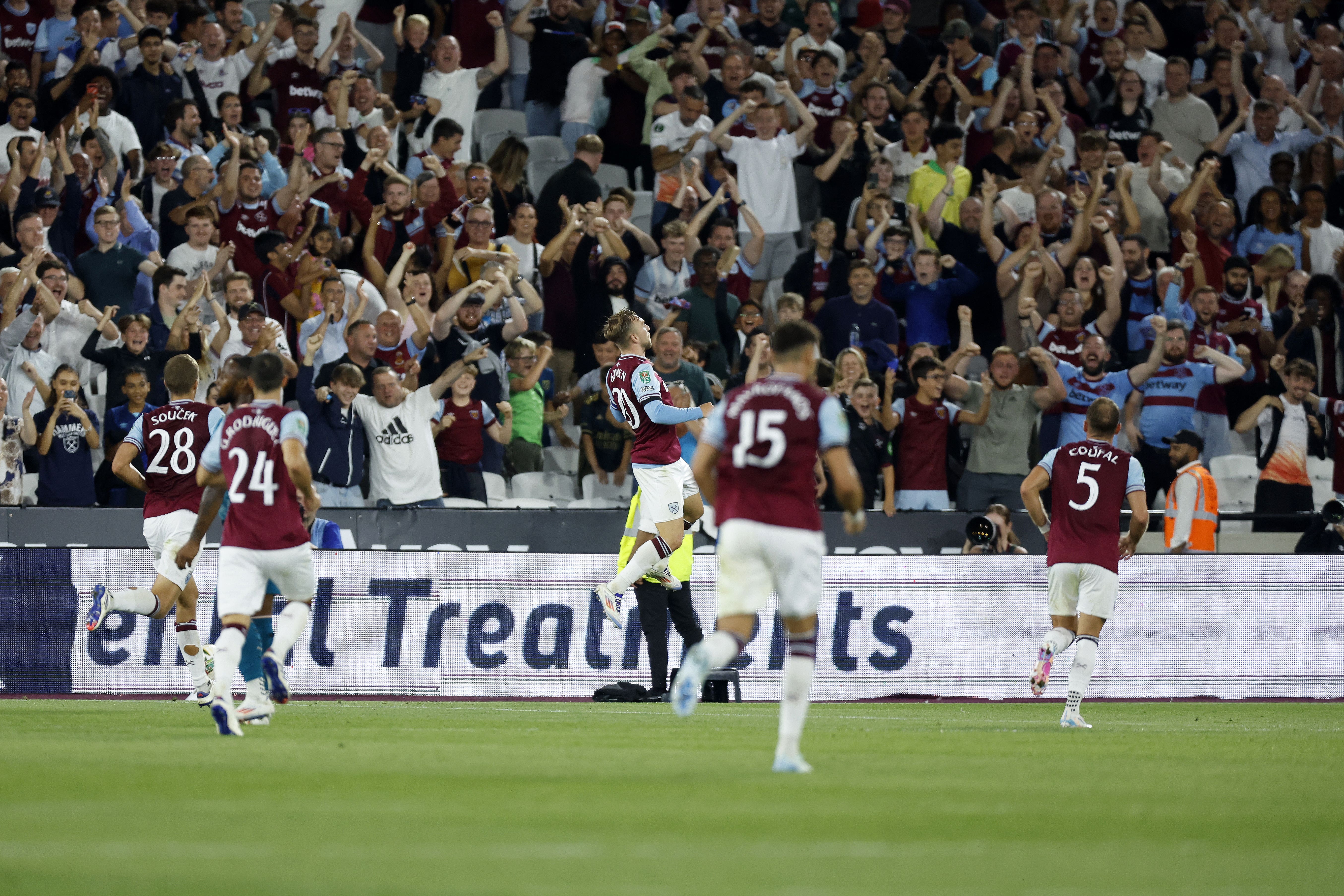 West Ham United’s Jarrod Bowen celebrates scoring the only goal of the game (Nigel French/PA)