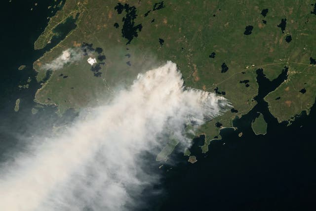 <p>A satellite image of wildfire smoke from Nova Scotia over the Atlantic Ocean last May. Canada’s wildfires produced approximately 640 million metric tons of carbon dioxide from May to September. </p>