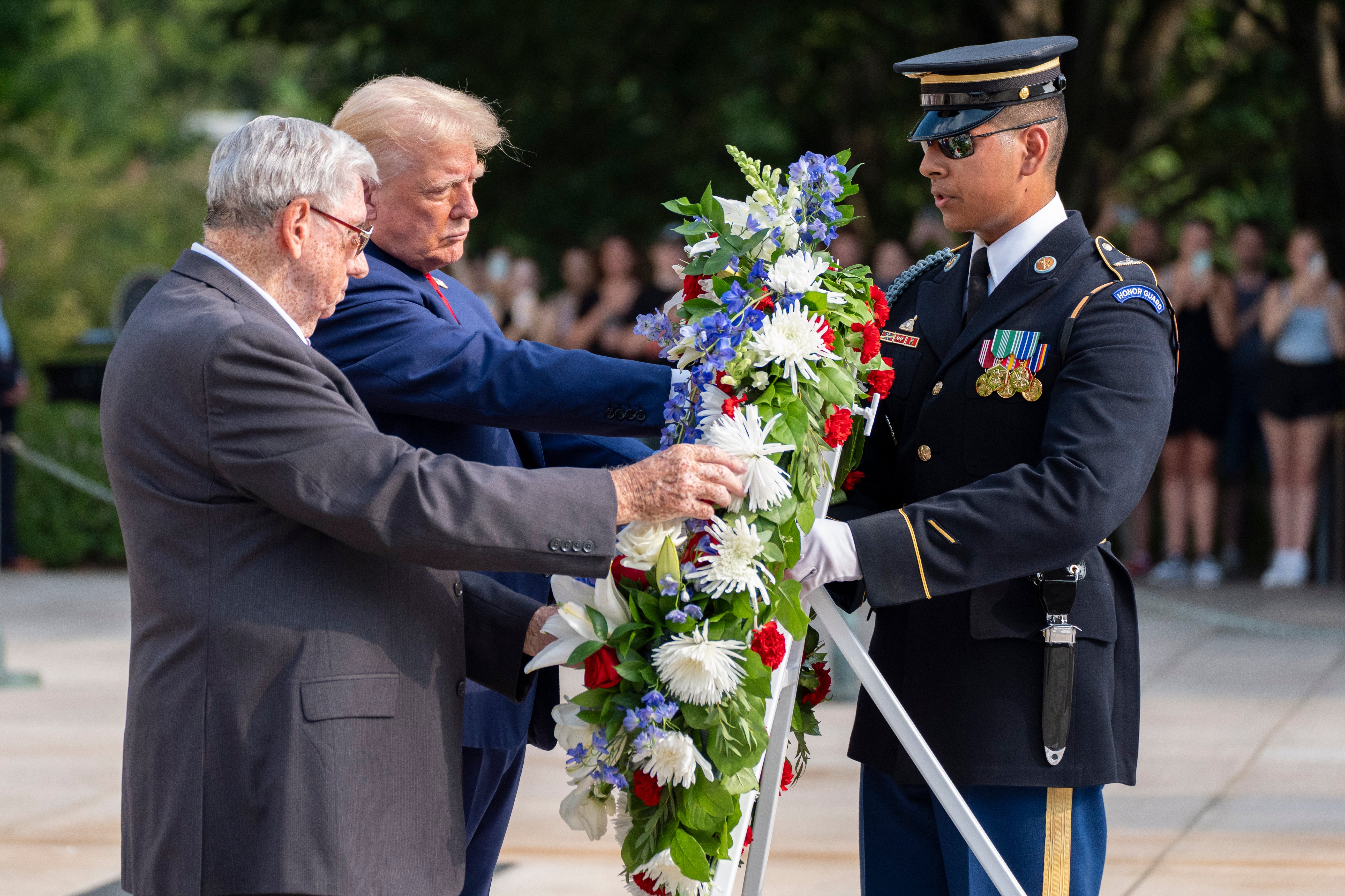 Donald Trump lays a wreath at the Tomb of the Unknown Soldier at Arlington National Cemetery on Monday.