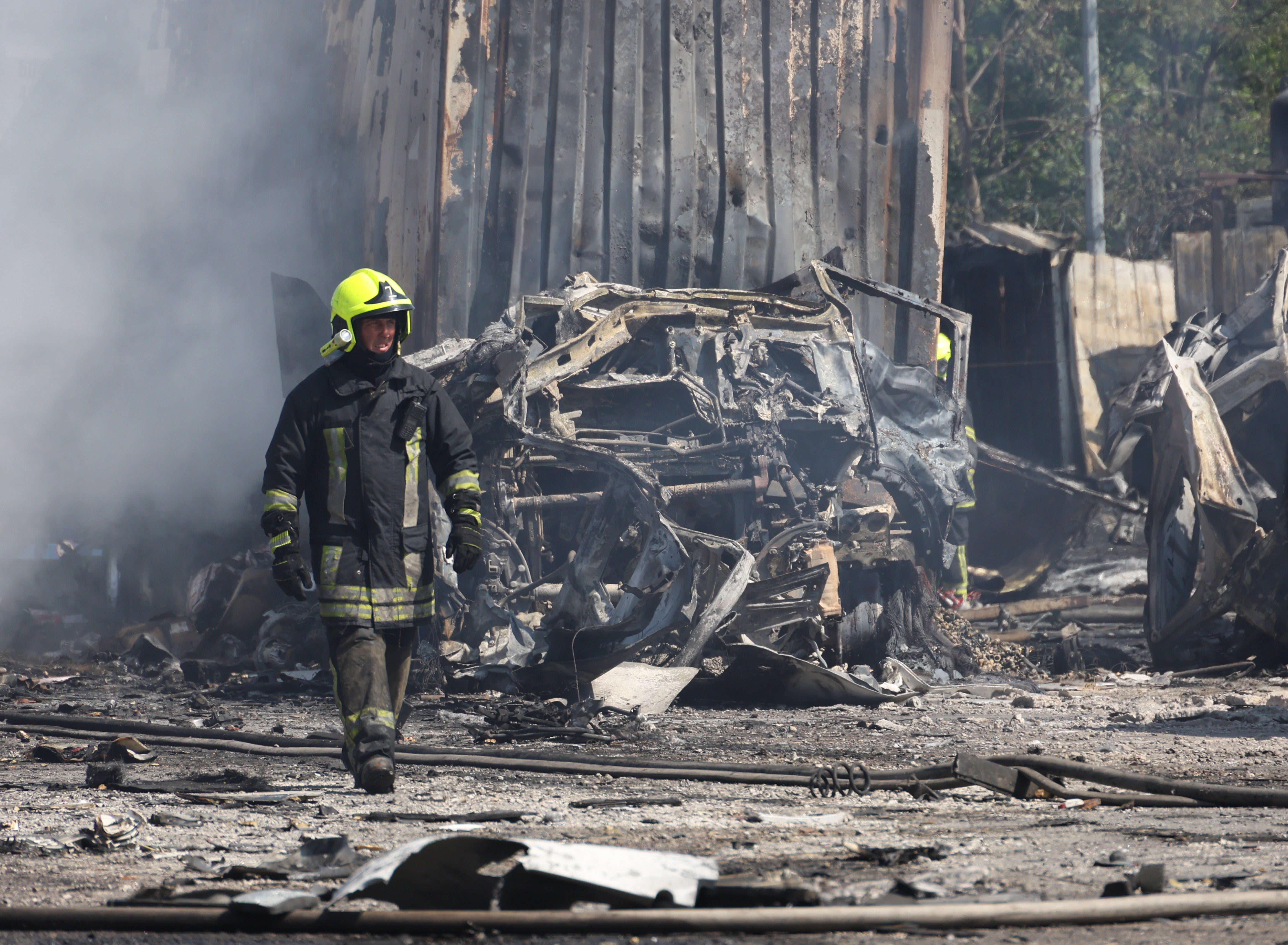 The site of rocket strikes at a motor transport depot of a private enterprise near Odesa, South Ukraine