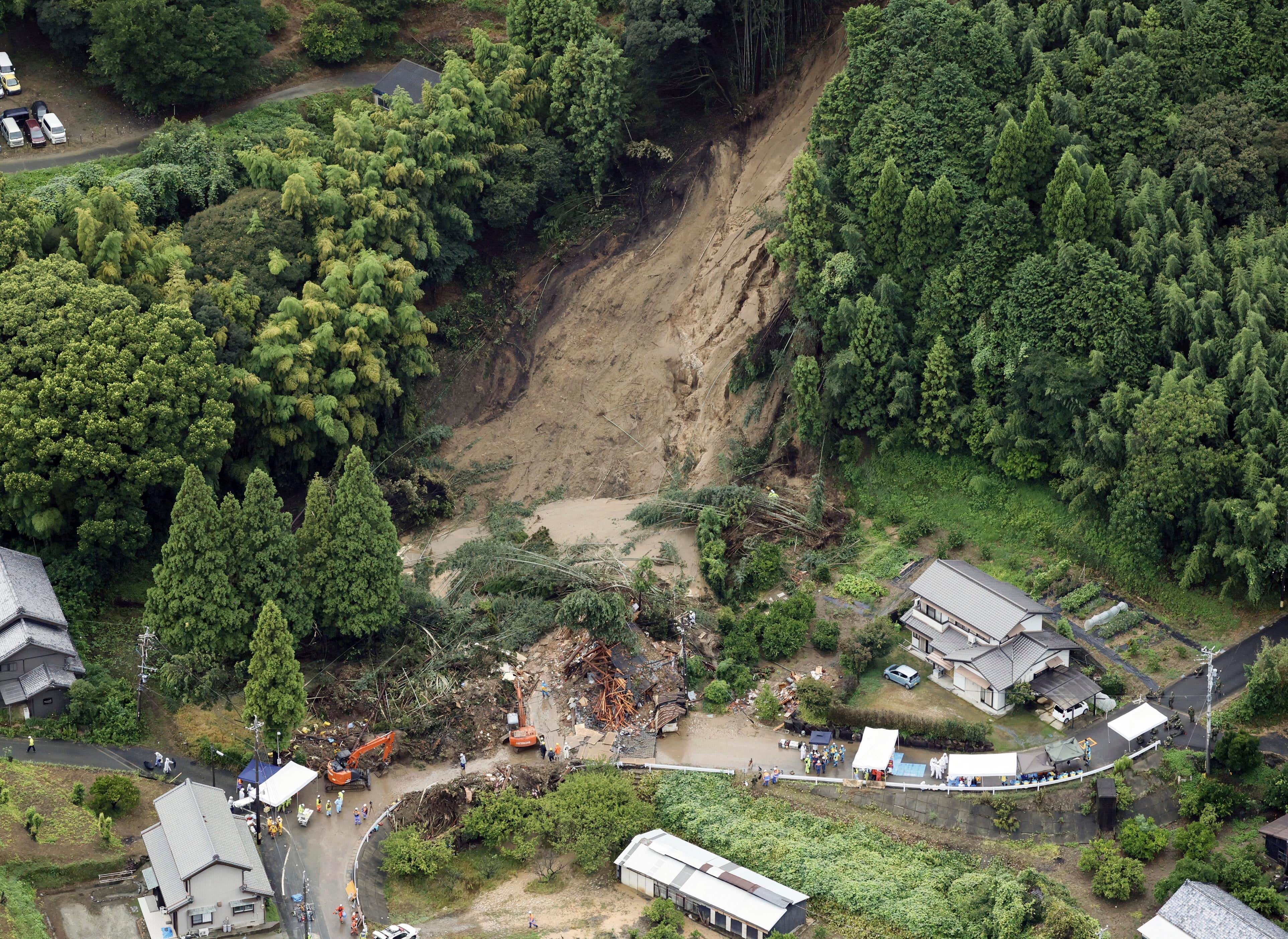 This aerial image shows the landslide in Gamagori, Aichi prefecture, Japan