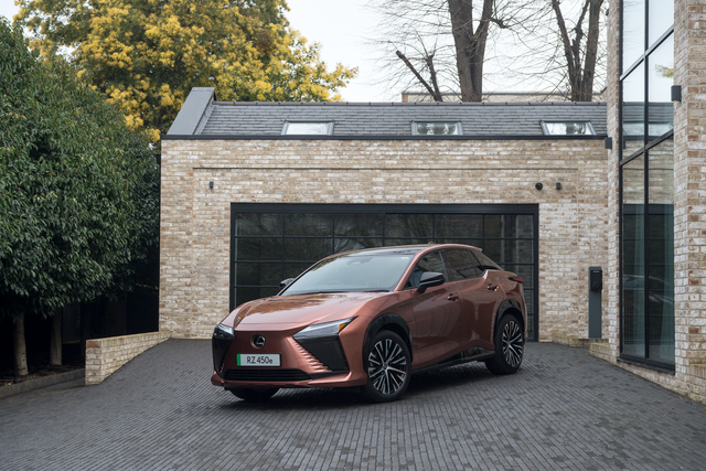 <p>The Lexus RZ 450e electric car in takumi sonic copper </p>