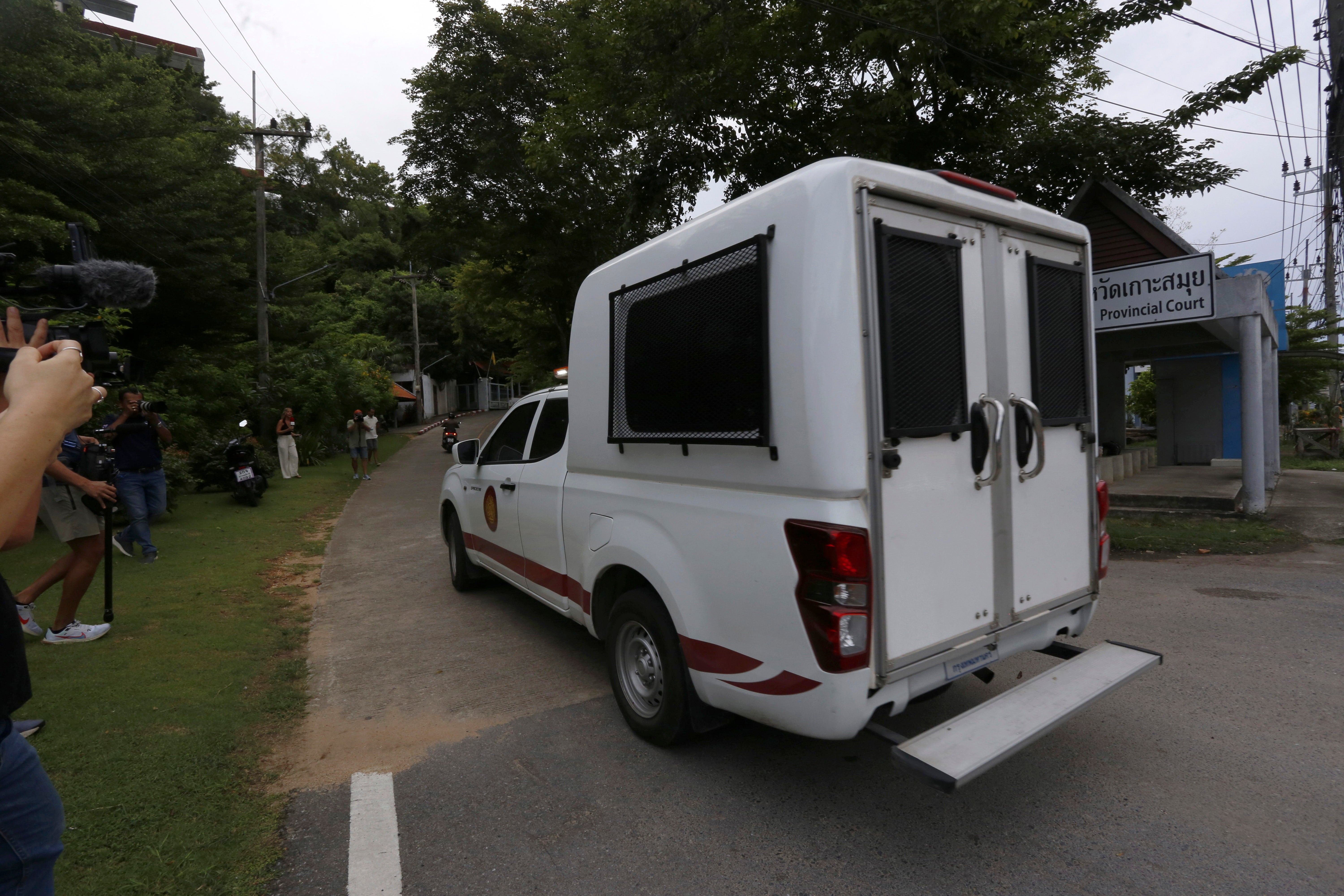 A prisoner van carrying Daniel Sancho Bronchalo arrives at Koh Samui provincial court in Surat Thani, southern Thailand, Thursday, Aug. 29, 2024.