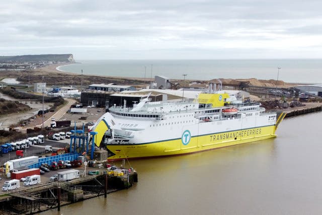 The ferry Seven Sisters at Newhaven ferry port after migrants were found in the back of a lorry (Gareth Fuller/PA)