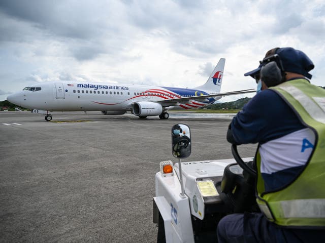 <p>File: A ground staff member looks at a Malaysia Airlines aircraft </p>