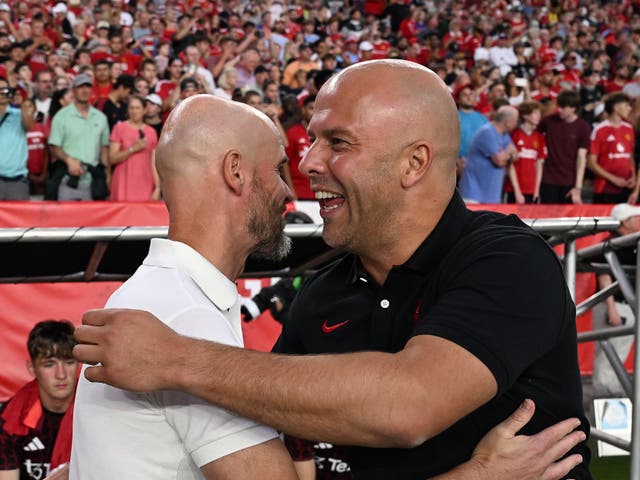 <p>Arne Slot (right) and Erik ten Hag will renew their rivalry from the Netherlands</p>