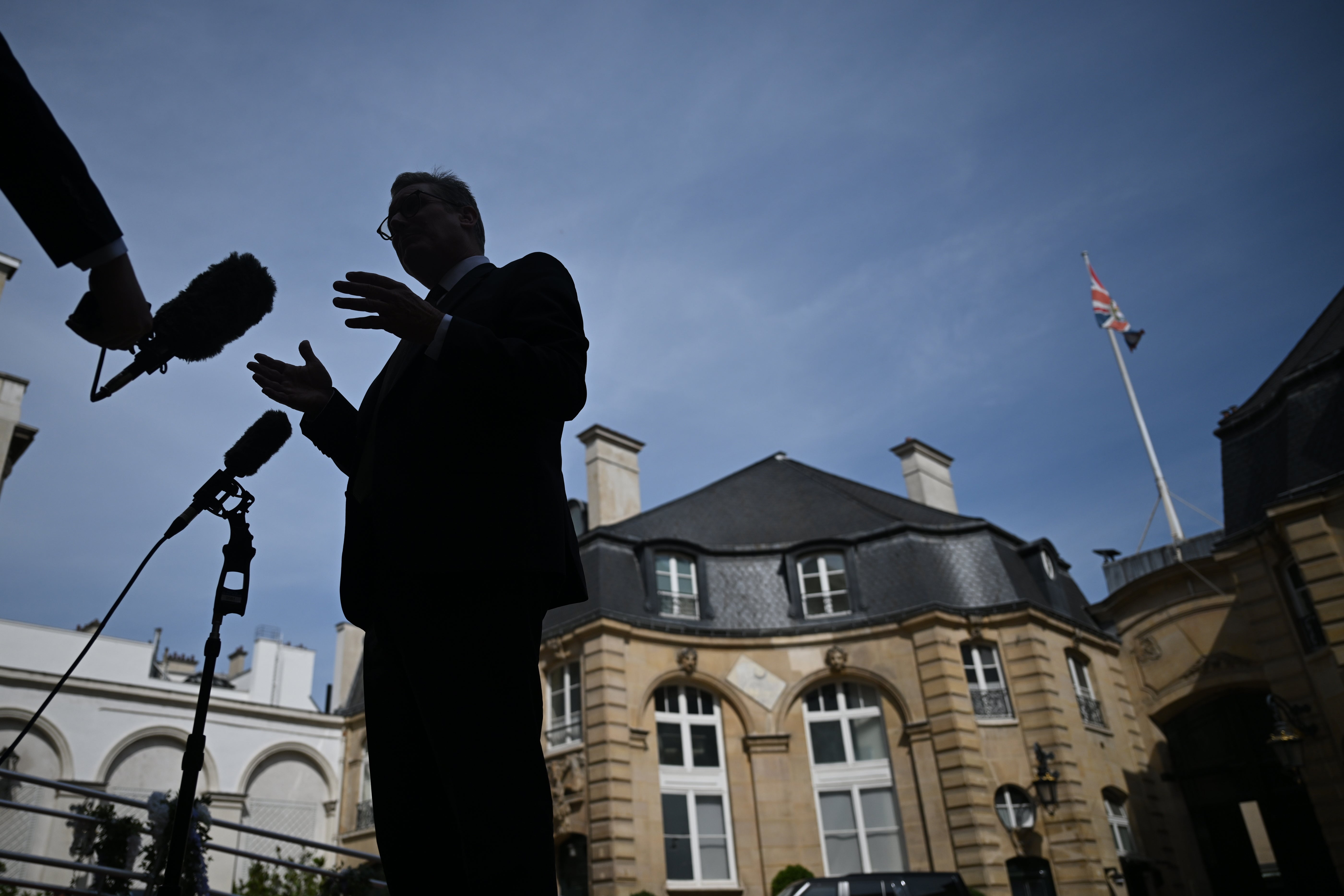 Keir Starmer speaks to the press at Britain's Embassy in Paris