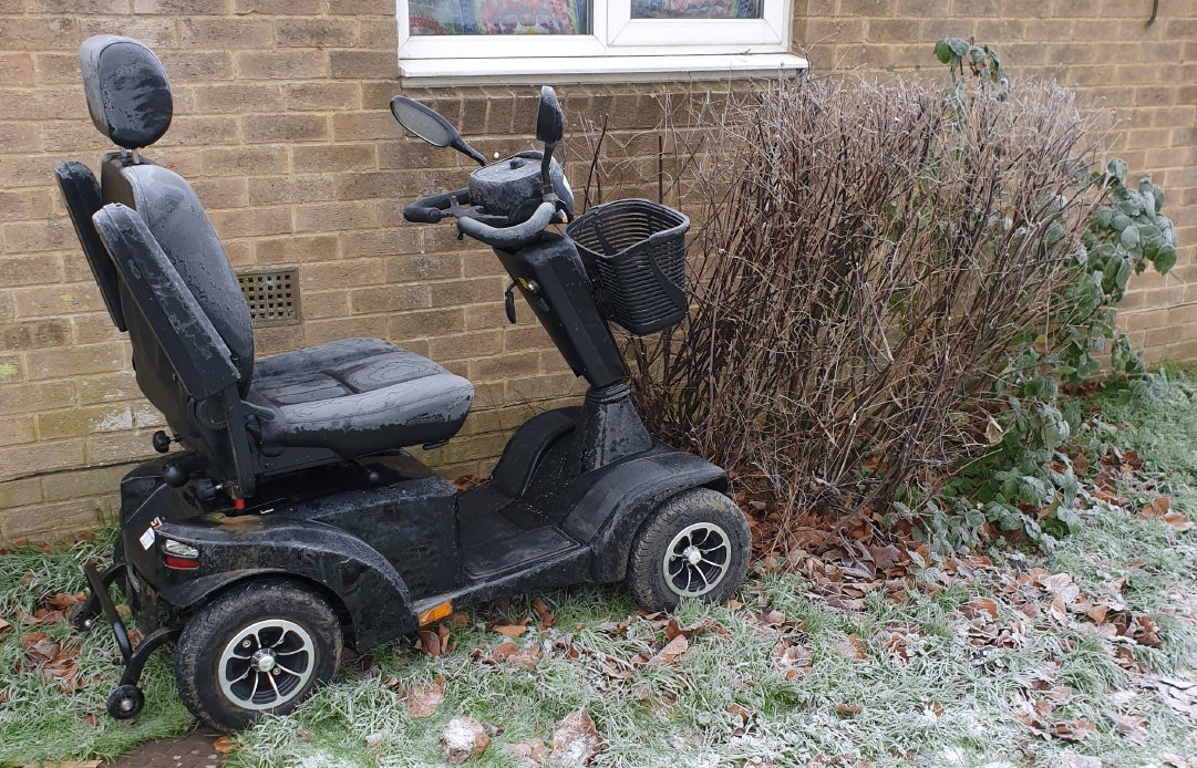 The mobility scooter belonging to 63-year-old Neil Shadwick, which was stolen by Kimberley Ann Hawkins, 41, and abandoned on Bisley Old Road