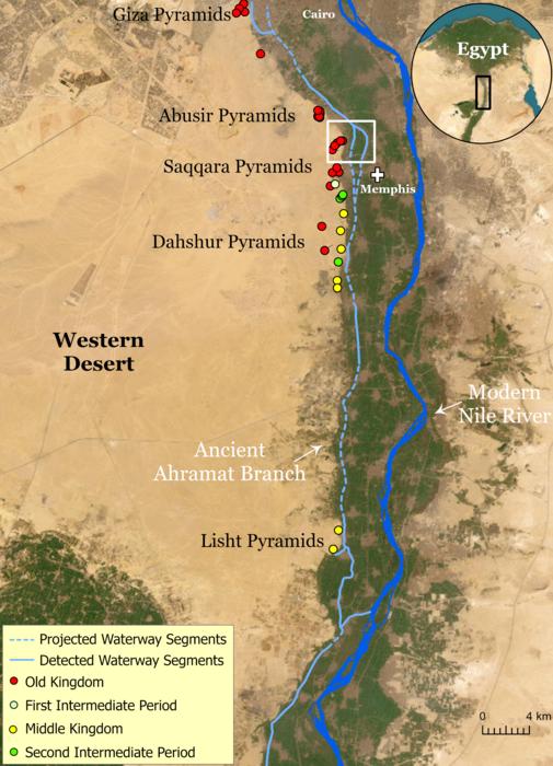 Predicted water course of ancient Ahramat Branch borders large number of pyramids