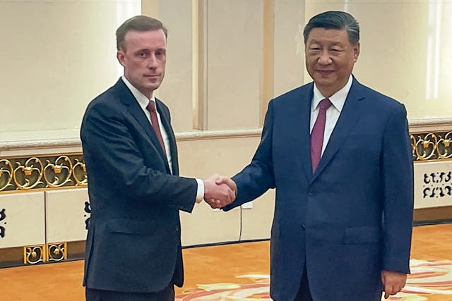 <p>US national security adviser Jake Sullivan shakes hands with China's president Xi Jinping during their meeting at the Great Hall of the People in Beijing on 29 August</p>