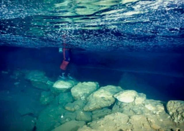 <p>View of the submerged stone bridge from Genovesa Cave, Mallorca</p>