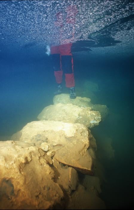 Close-up view of the submerged stone bridge from Genovesa Cave