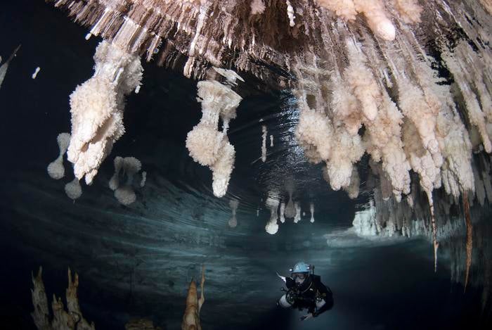 Diver in Galeria de les Delícies in Drac Cave, Mallorca