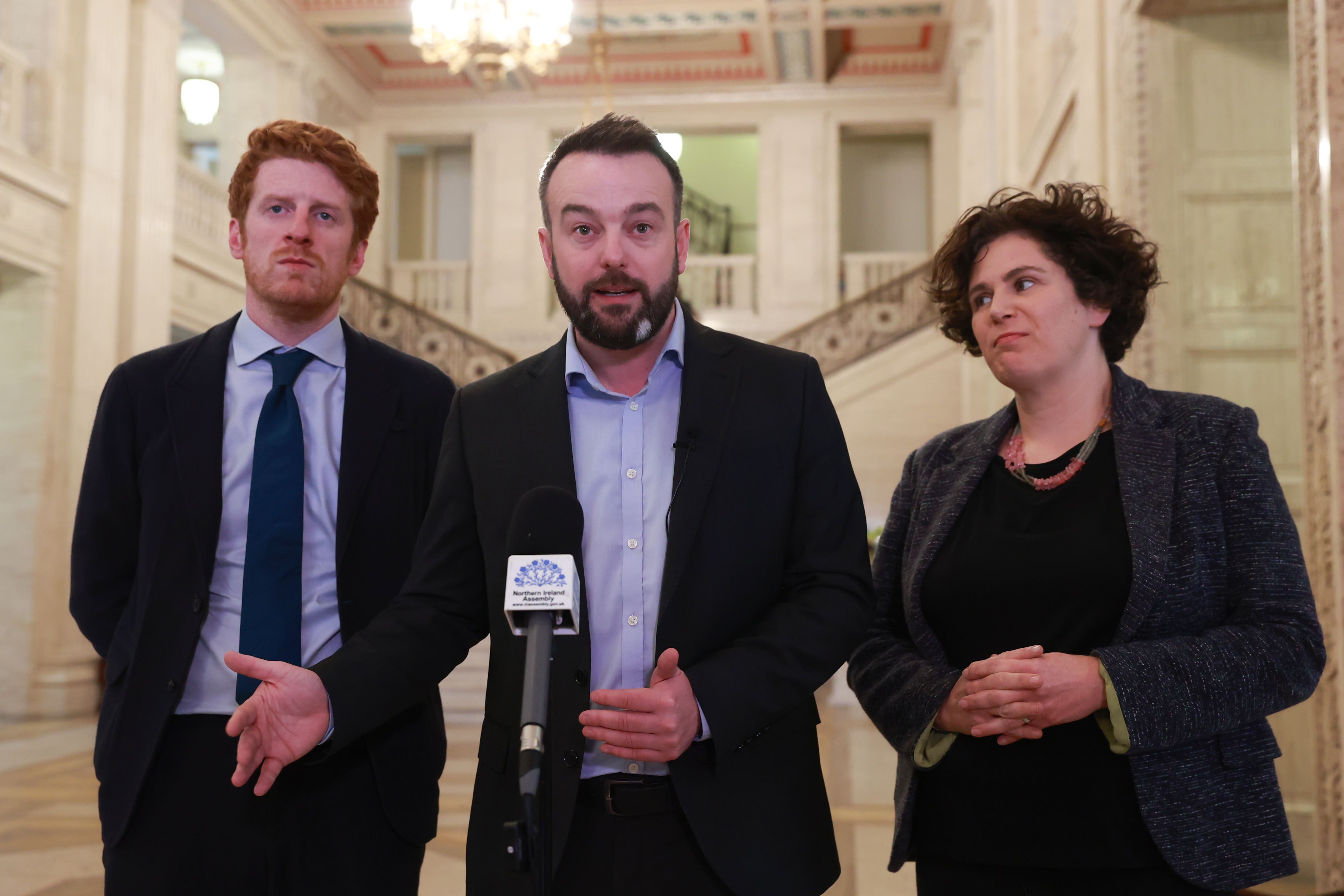 Matthew O’Toole MLA (left) has endorsed Claire Hanna (right) as the next SDLP leader when Colum Eastwood (centre) stands down in October (Liam McBurney/PA)