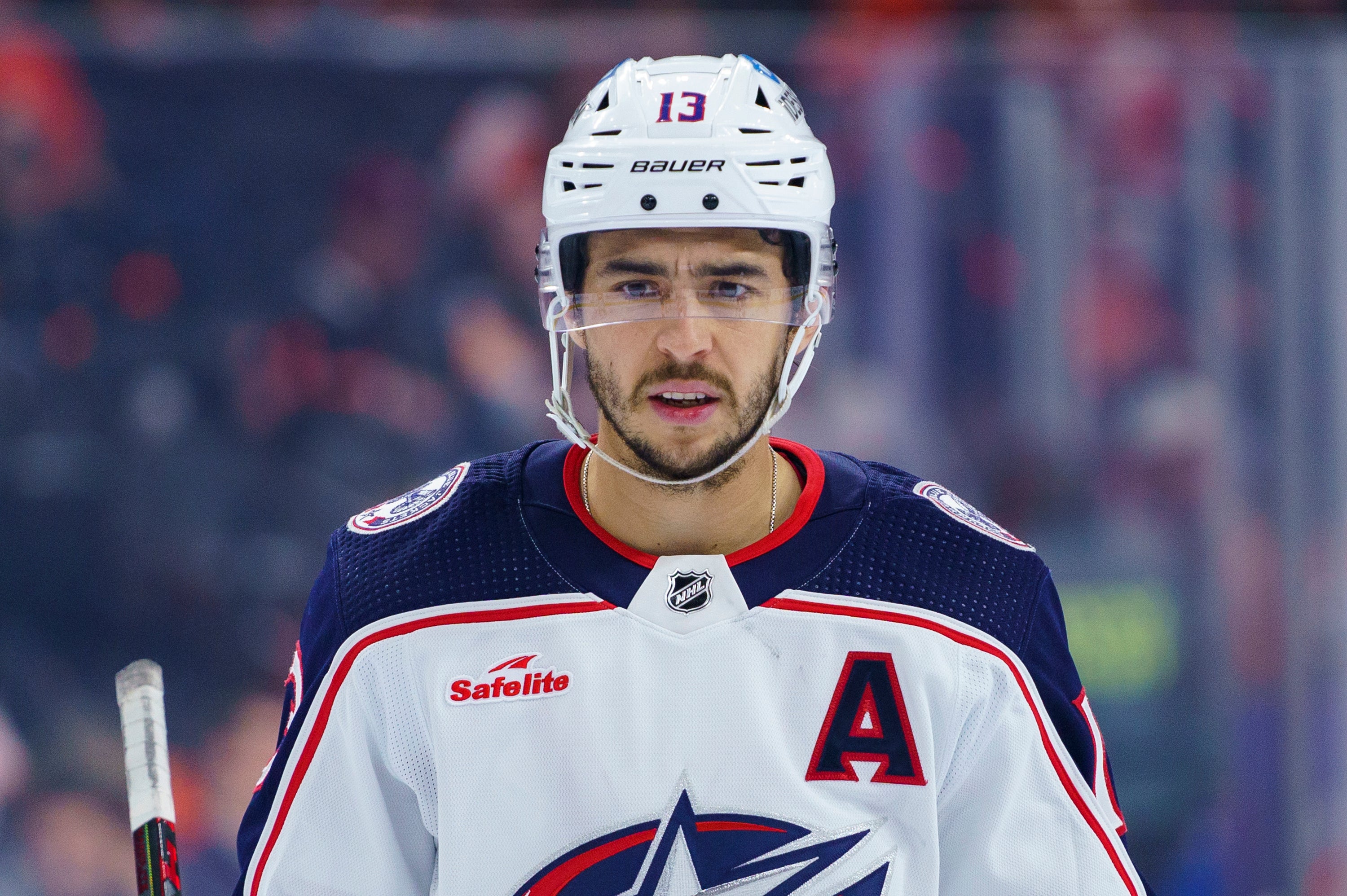 Columbus Blue Jackets’ Johnny Gaudreau looks on during an NHL hockey game against the Philadelphia Flyers in April 2023. The hockey star and his brother were fatally struck by a car on Thursday evening.