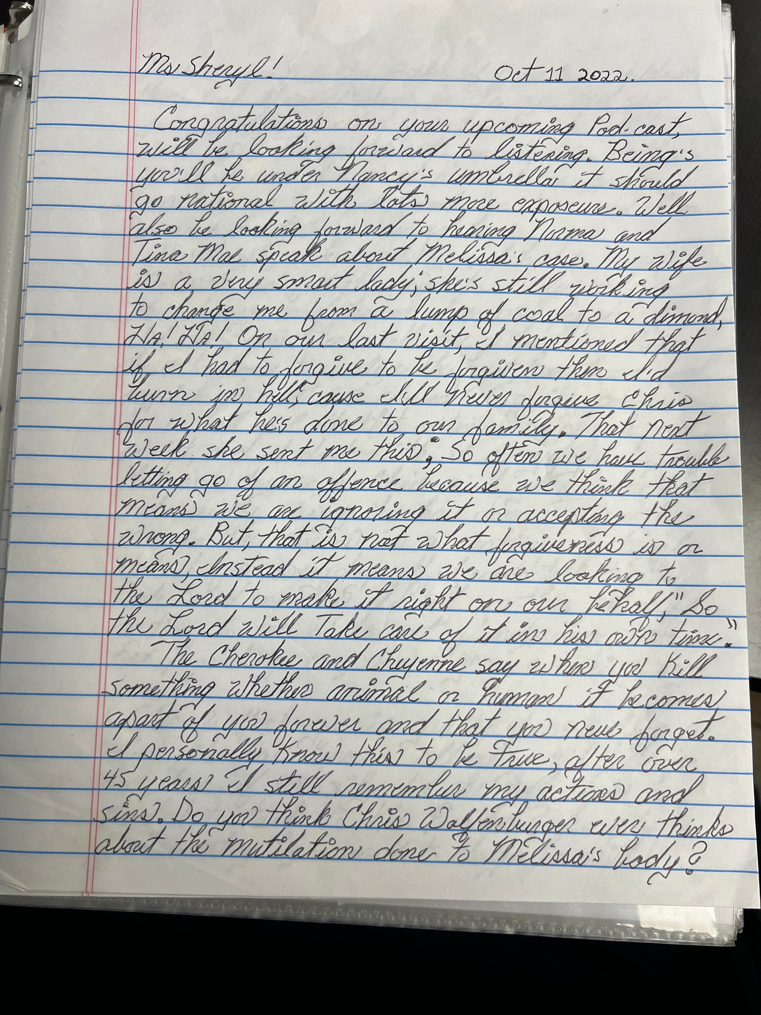 Carl Patton wrote to McCollum and in the letters, one man is clearly named as the suspected killer. Melissa’s husband – Christopher Wolfenbarger