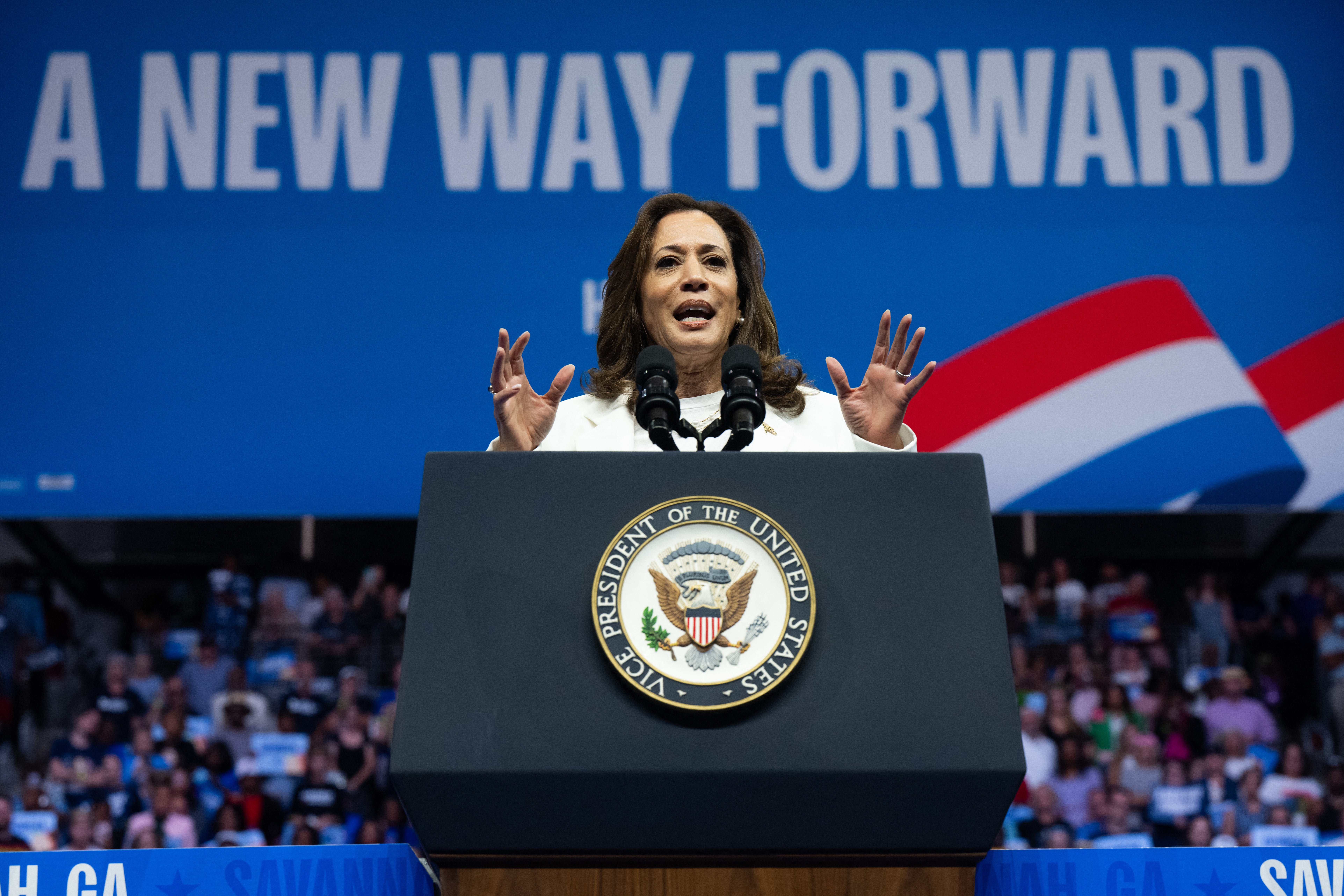 Kamala Harris speaks at a campaign rally in Savannah, Georgia on Thursday. Some of Harris’s biggest donors are urging her to drop her proposal to tax unrealized gains