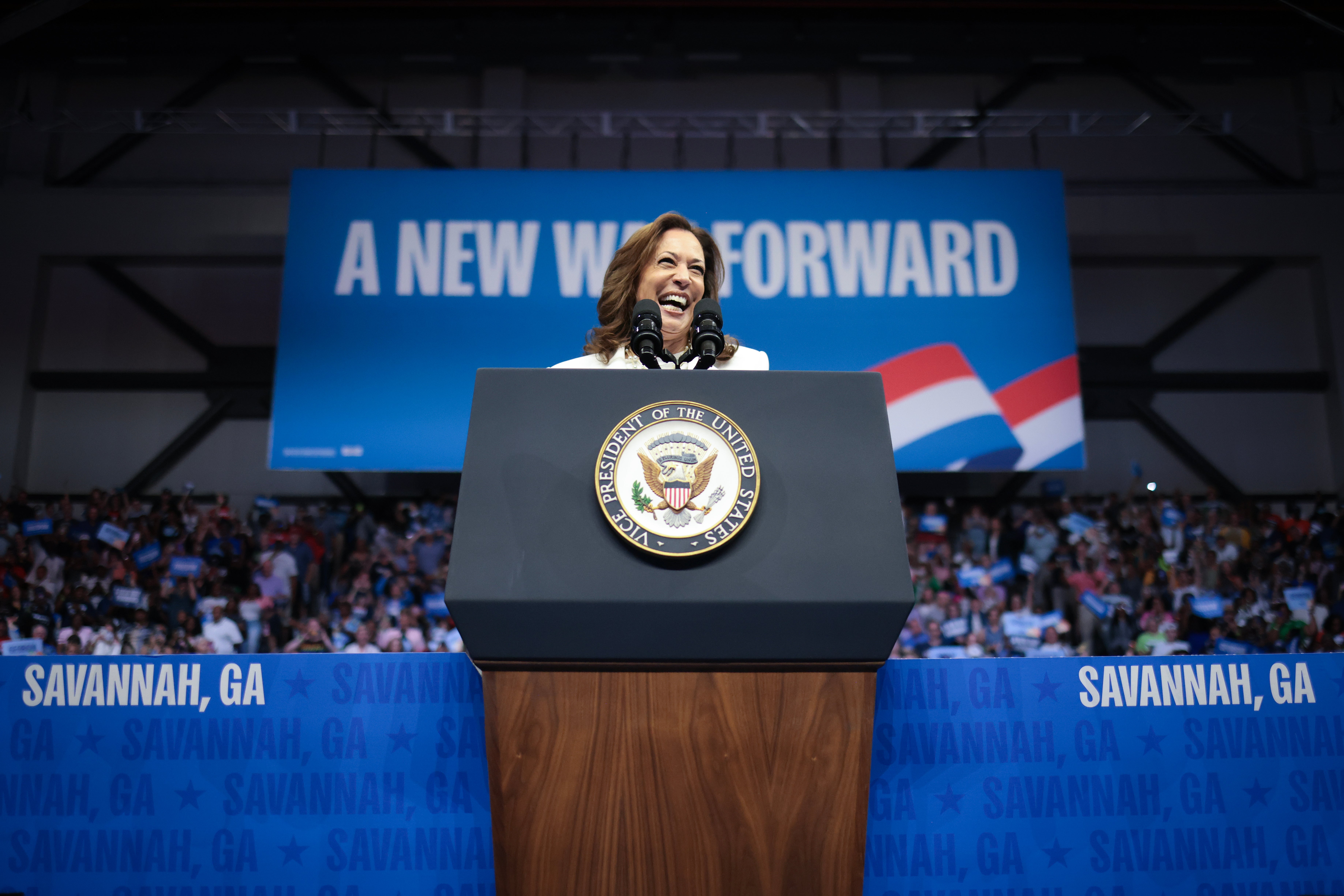 Kamala Harris speaks at a campaign rally in Savannah, Georgia on Thursday. Some of Harris’s biggest donors are urging her to drop her proposal to tax unrealized gains