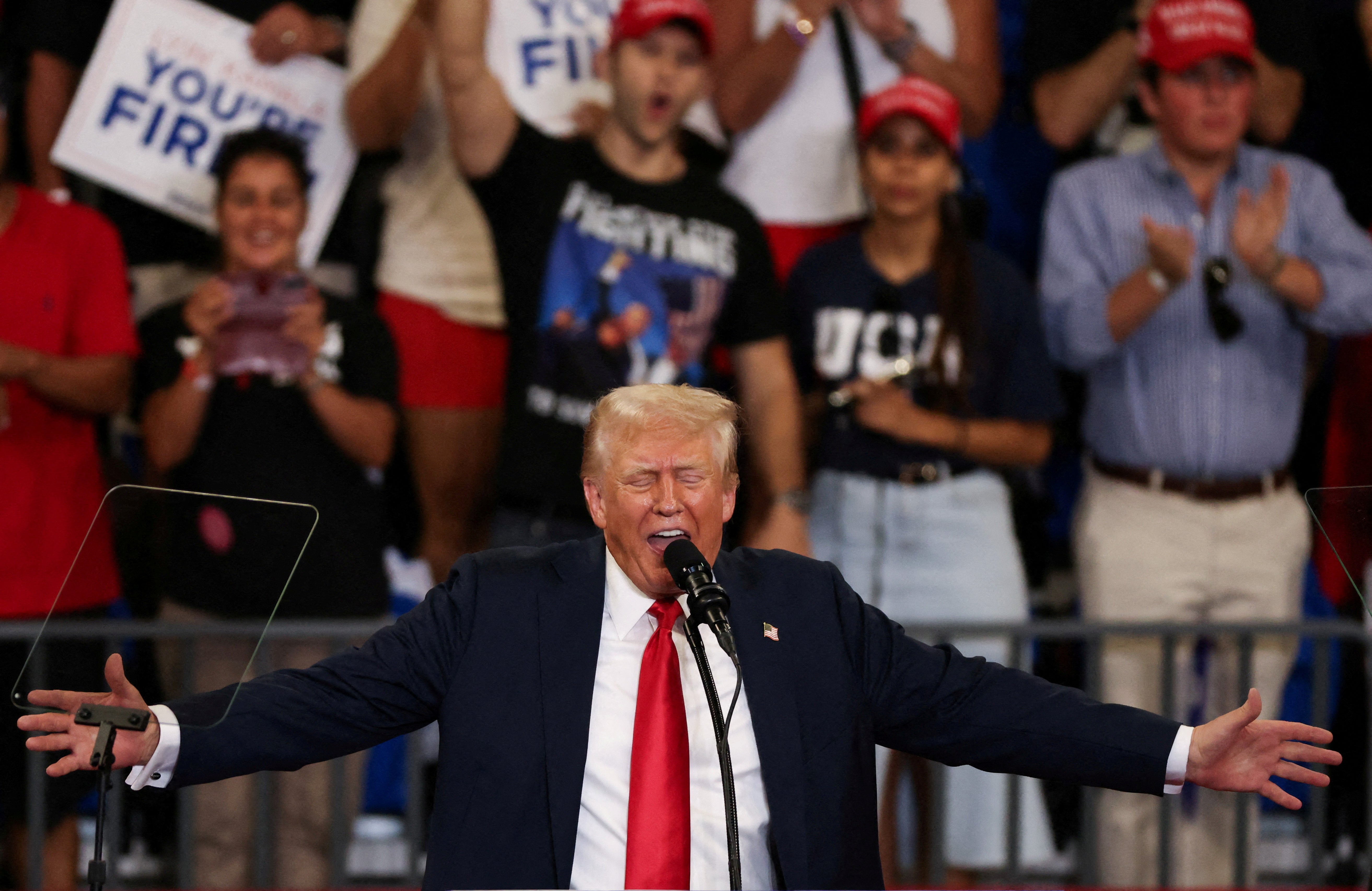 Donald Trump speaks at a rally in Georgia on August 3, celebrating three state election board members who changed vote certification rules that critics warn will make it easier to cast doubt about results