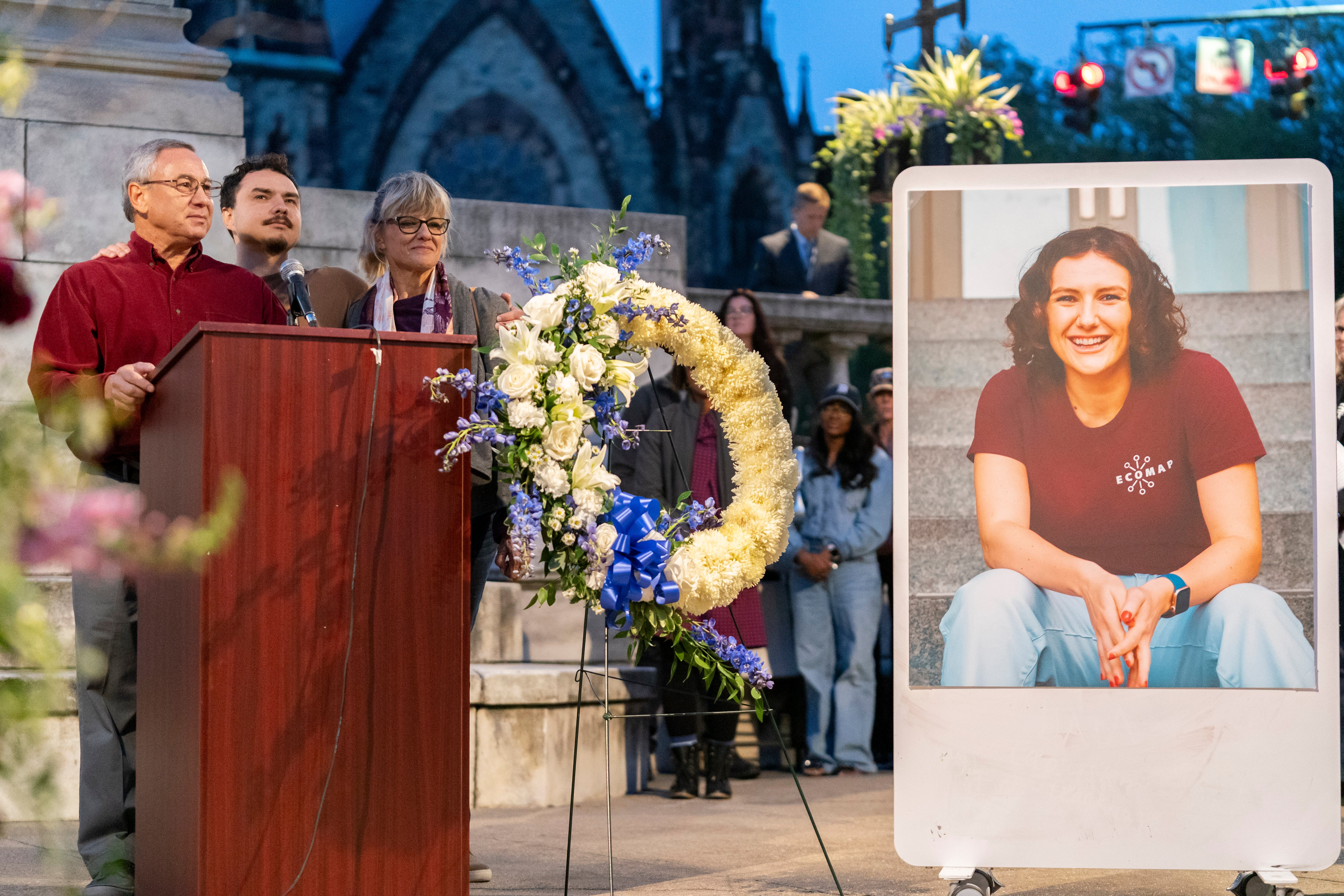 Frank LaPere speaks at a vigil honoring his daughter Pava LaPere, who was murdered in September 2023