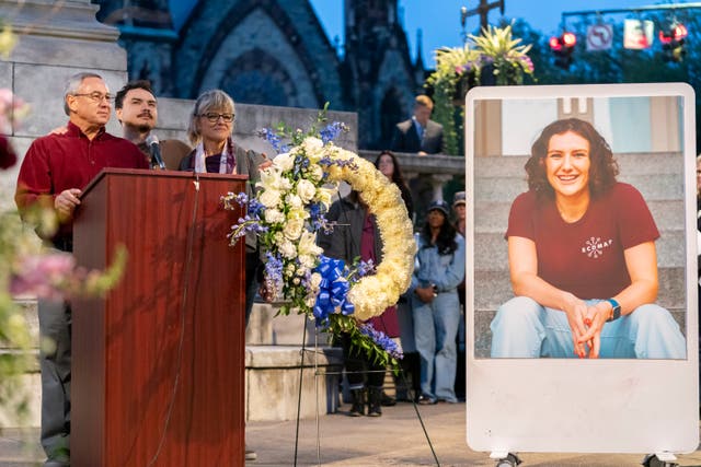 <p>Frank LaPere speaks at a vigil honoring his daughter Pava LaPere, who was murdered in September 2023</p>