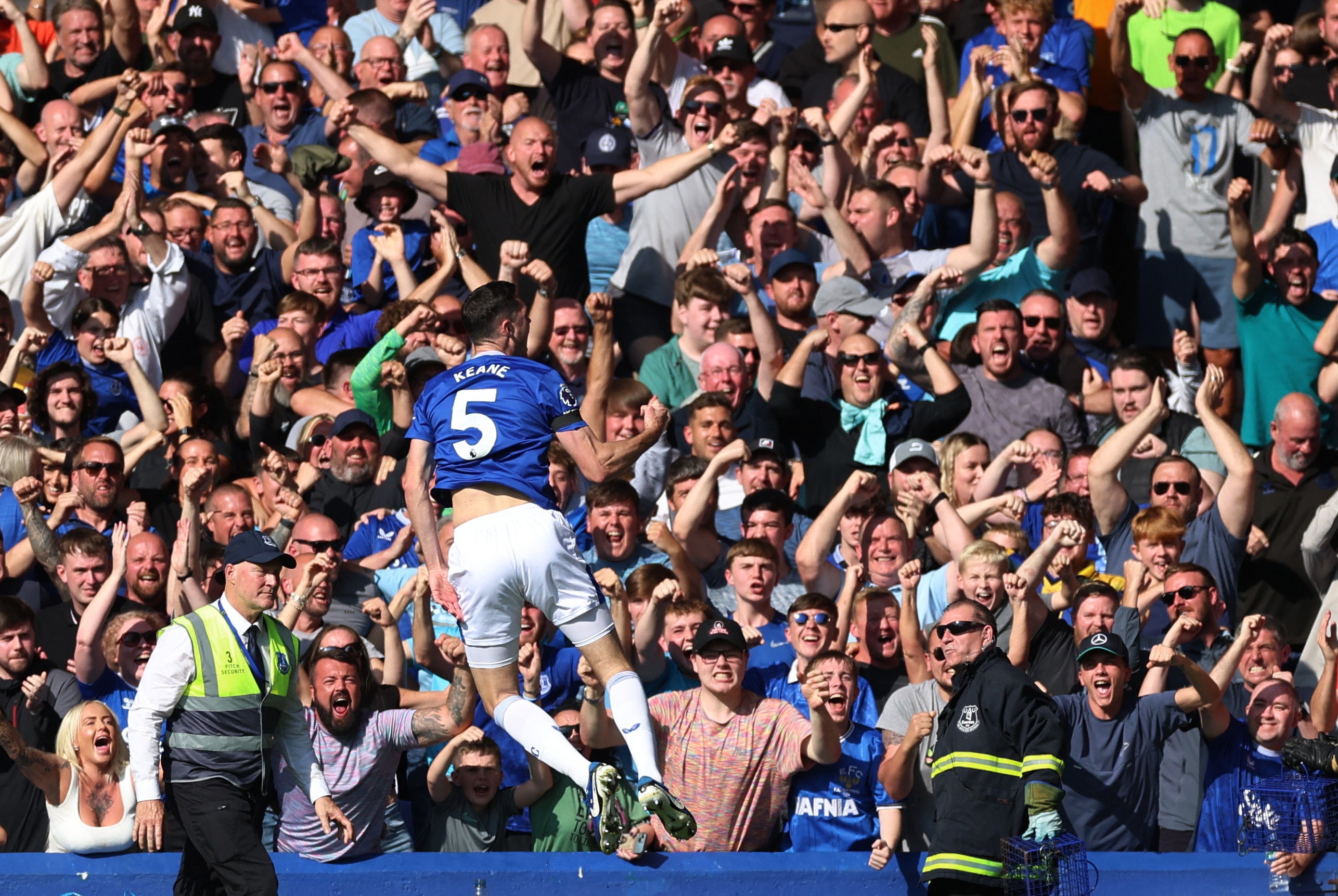 Michael Keane scored Everton’s first goal of the season to ease the pressure on Sean Dyche’s men.