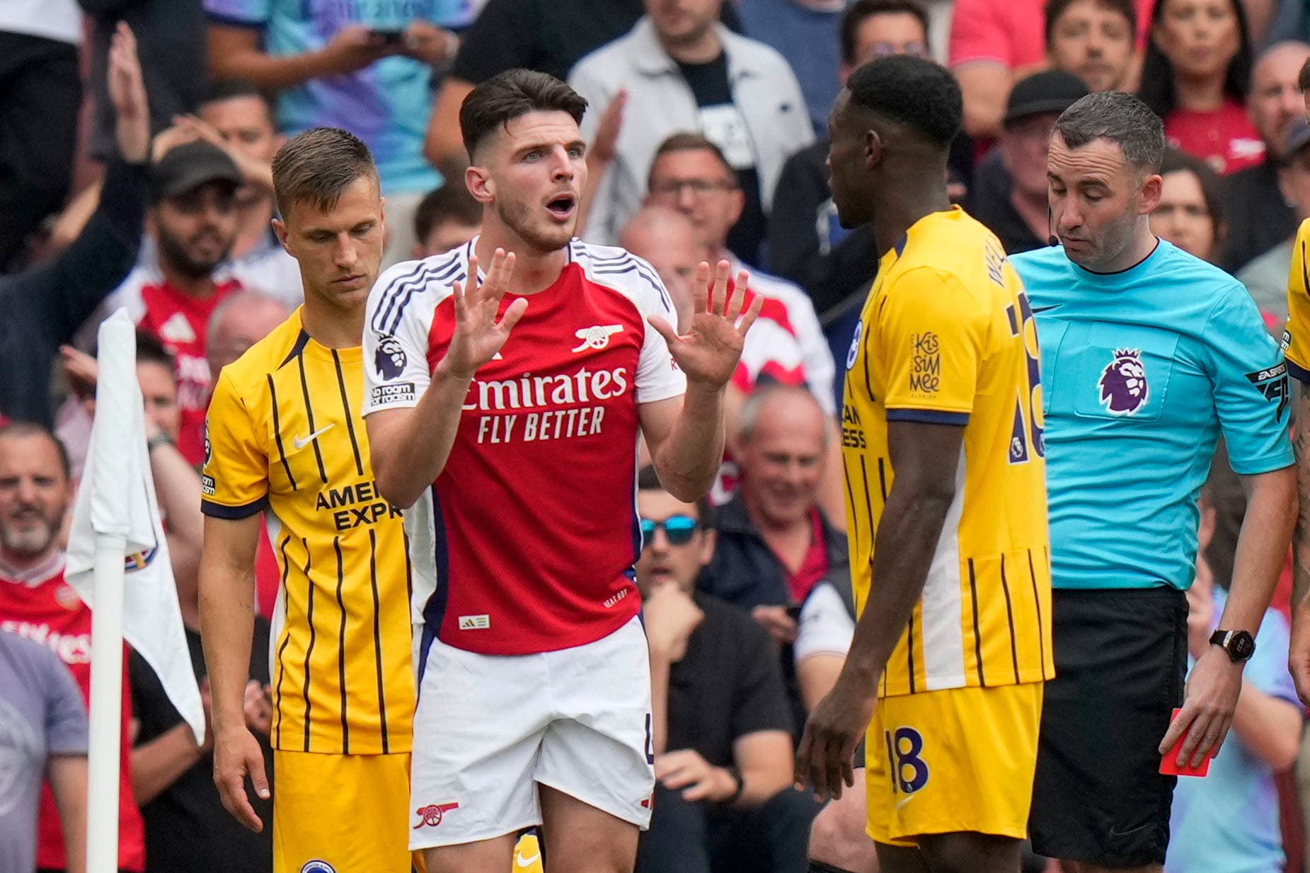 Declan Rice was given a red card by referee Chris Kavanagh in Arsenal’s 1-1 draw with Brighton