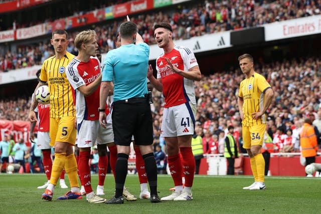 <p>Arsenal’s Declan Rice is sent off  </p>