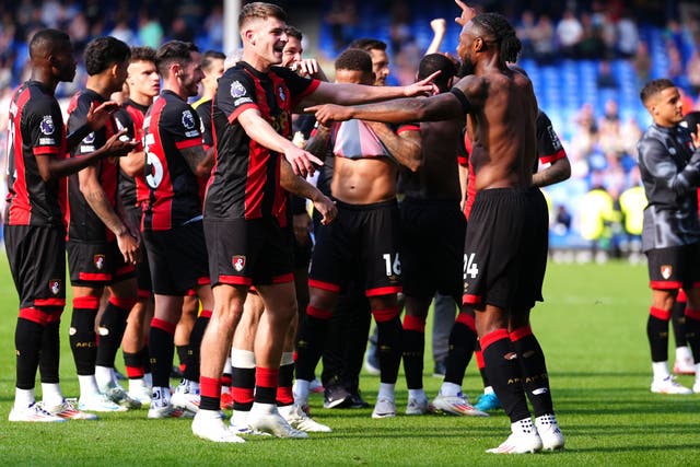 <p>Bournemouth players celebrate at Goodison Park</p>