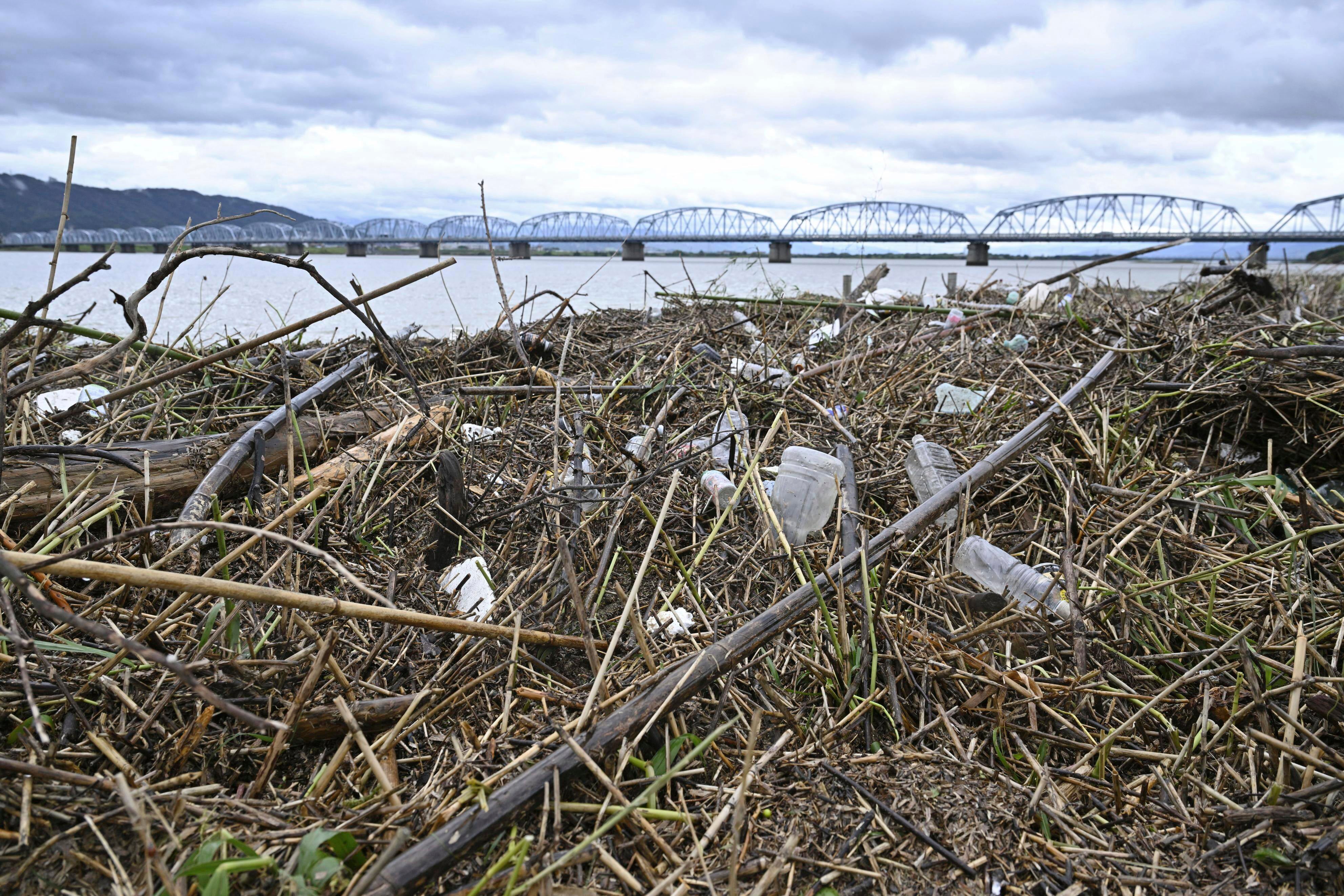 Flood debris is seen piling up along the Yoshino River in Tokushima, southern Japan.