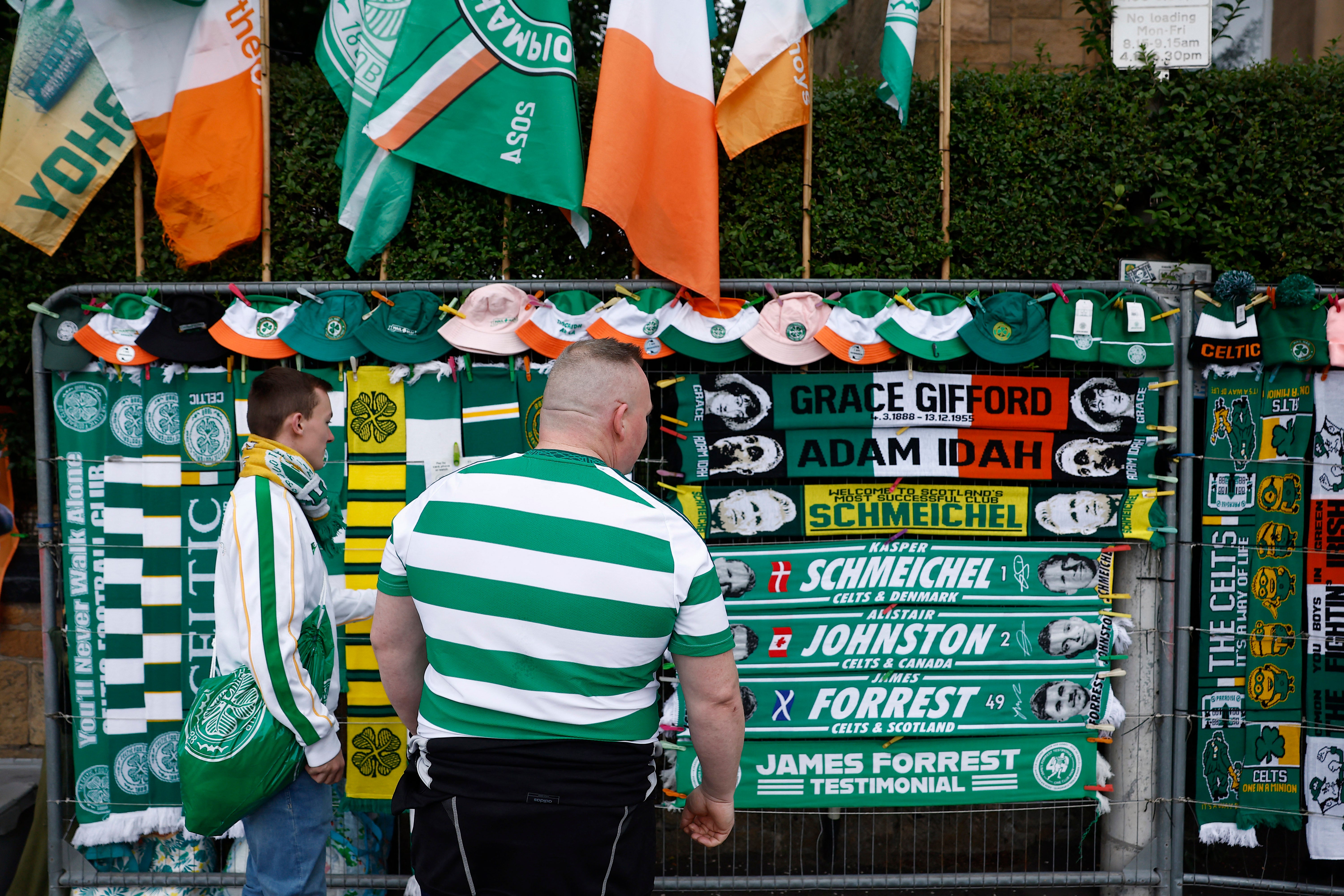 Merchandise for sale outside the stadium before Celtic v Rangers