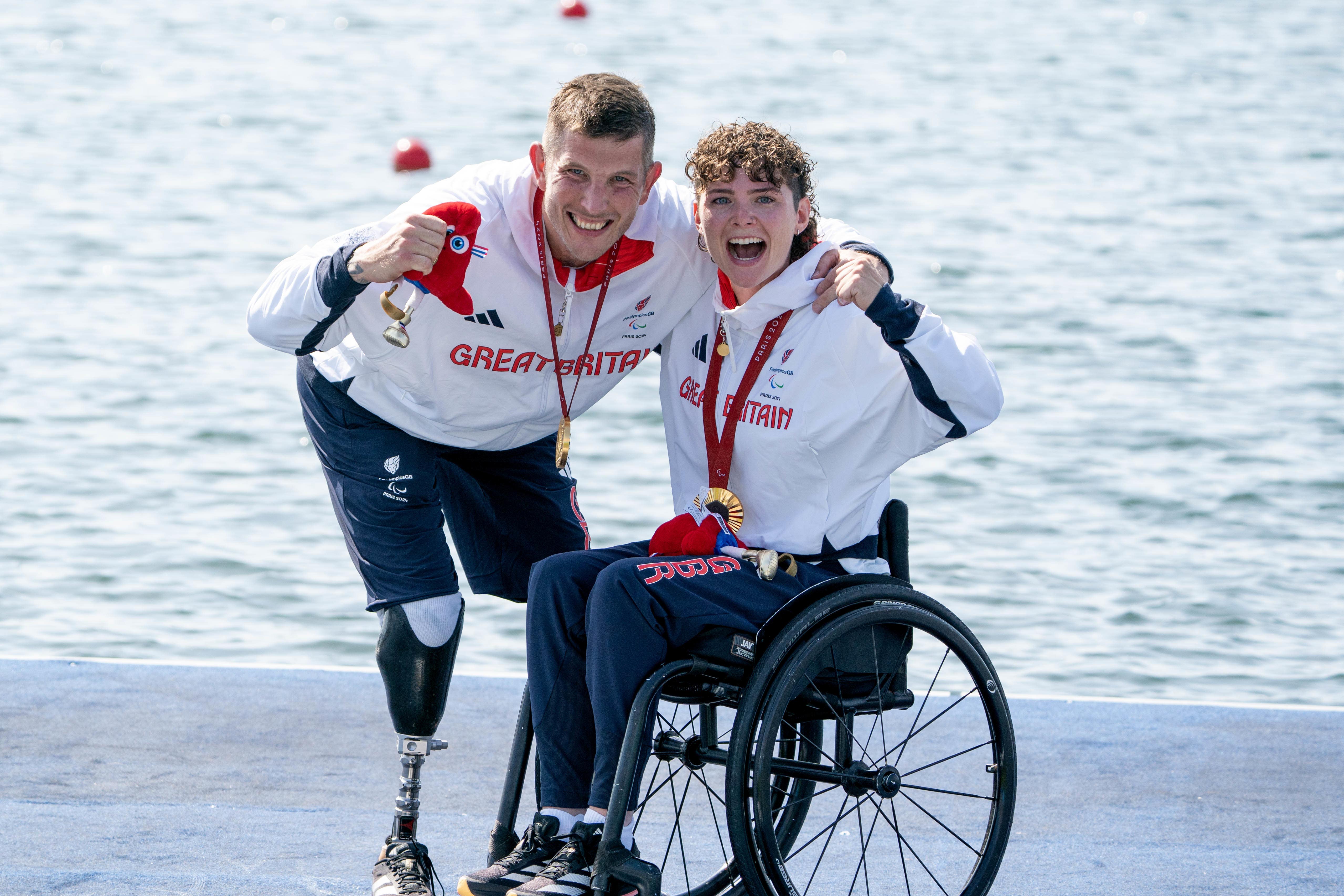 Great Britain’s Lauren Rowles (left) and Gregg Stevenson celebrate gold (ParalympicsGB/PA)