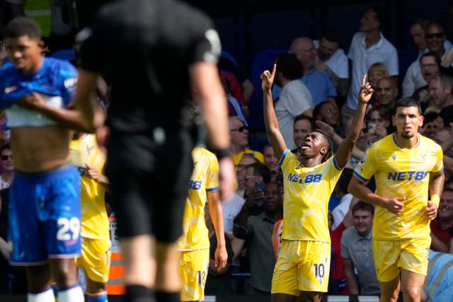 <p>Eberechi Eze celebrates after scoring for Crystal Palace</p>