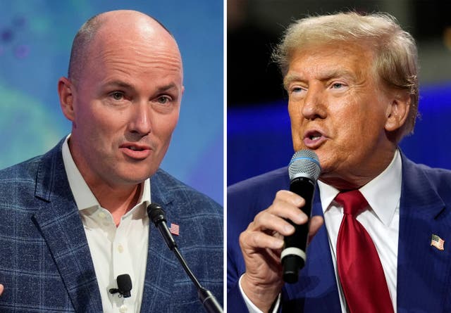 <p>In this combination photo, Utah Gov Spencer Cox speaks at the National Governors Association, July 11, 2024, in Salt Lake City, left, and Republican presidential nominee former President Donald Trump speaks during a town hall, August 29, 2024, in La Crosse, Wisconsin</p>