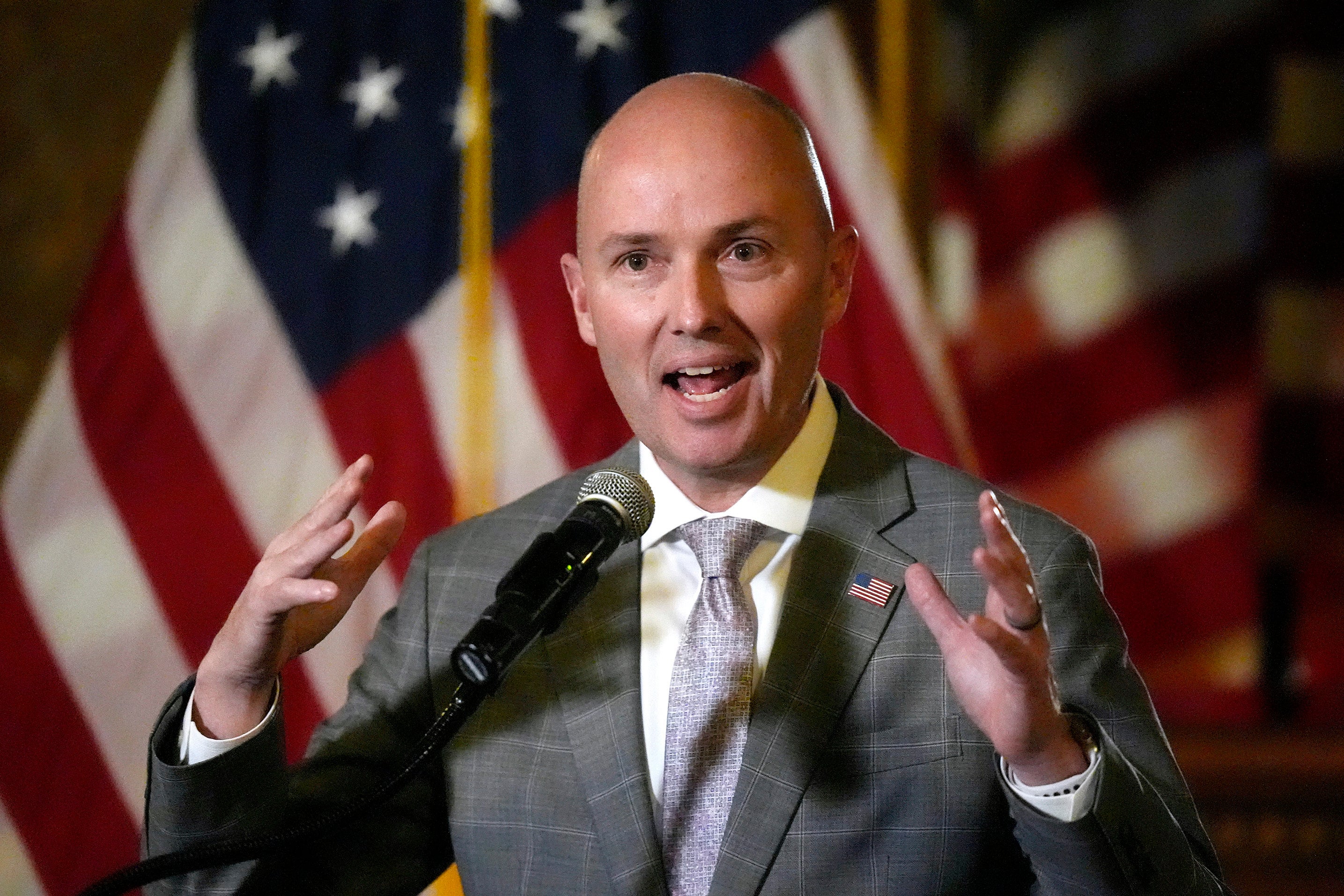 Utah Gov Spencer Cox speaks during a news briefing during the final day of the Utah Legislature, March 1, 2024