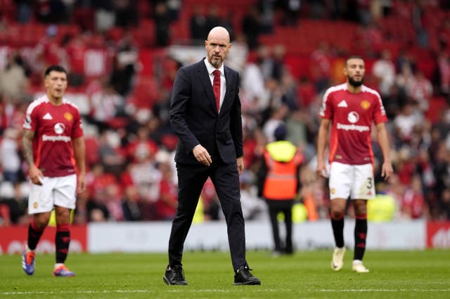 <p>Manchester United manager Erik ten Hag walks off dejected</p>