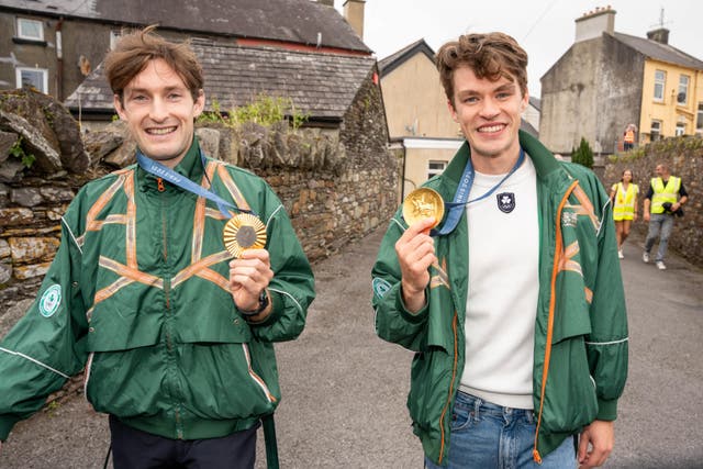 Paul O’Donovan (left) and Fintan McCarthy during an Olympic homecoming event in Skibbereen in Co. Cork (Noel Sweeney/PA)