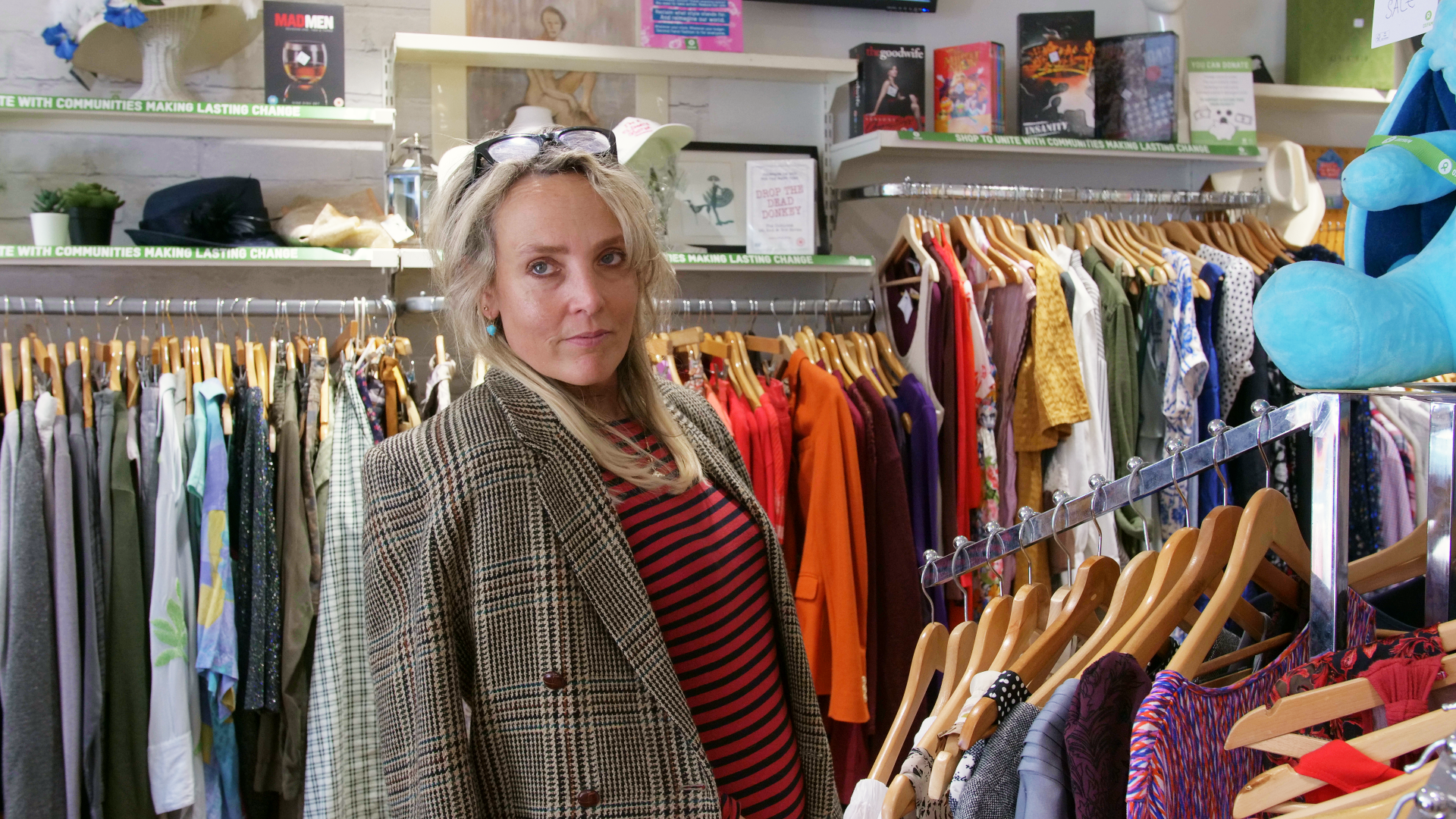 Bay Garnett at the Oxfam shop in Notting Hill, London as she puts together looks for the charity’s September runway show