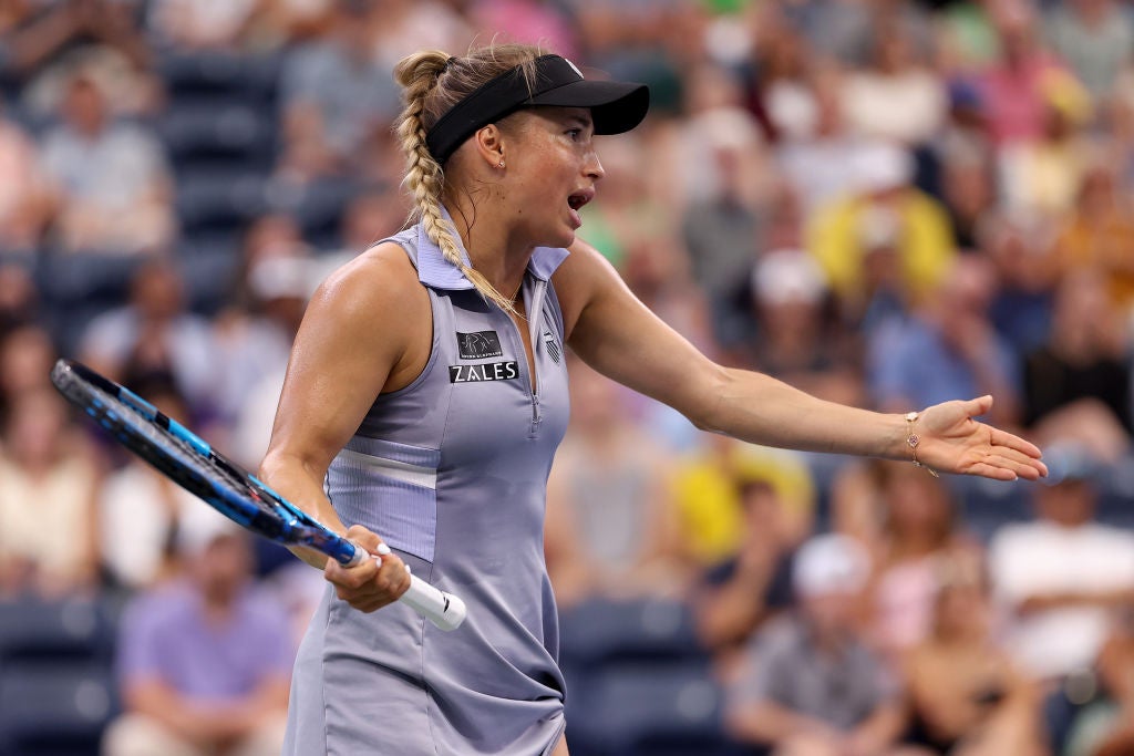 Putintseva reacts during her loss in the third round of the US Open