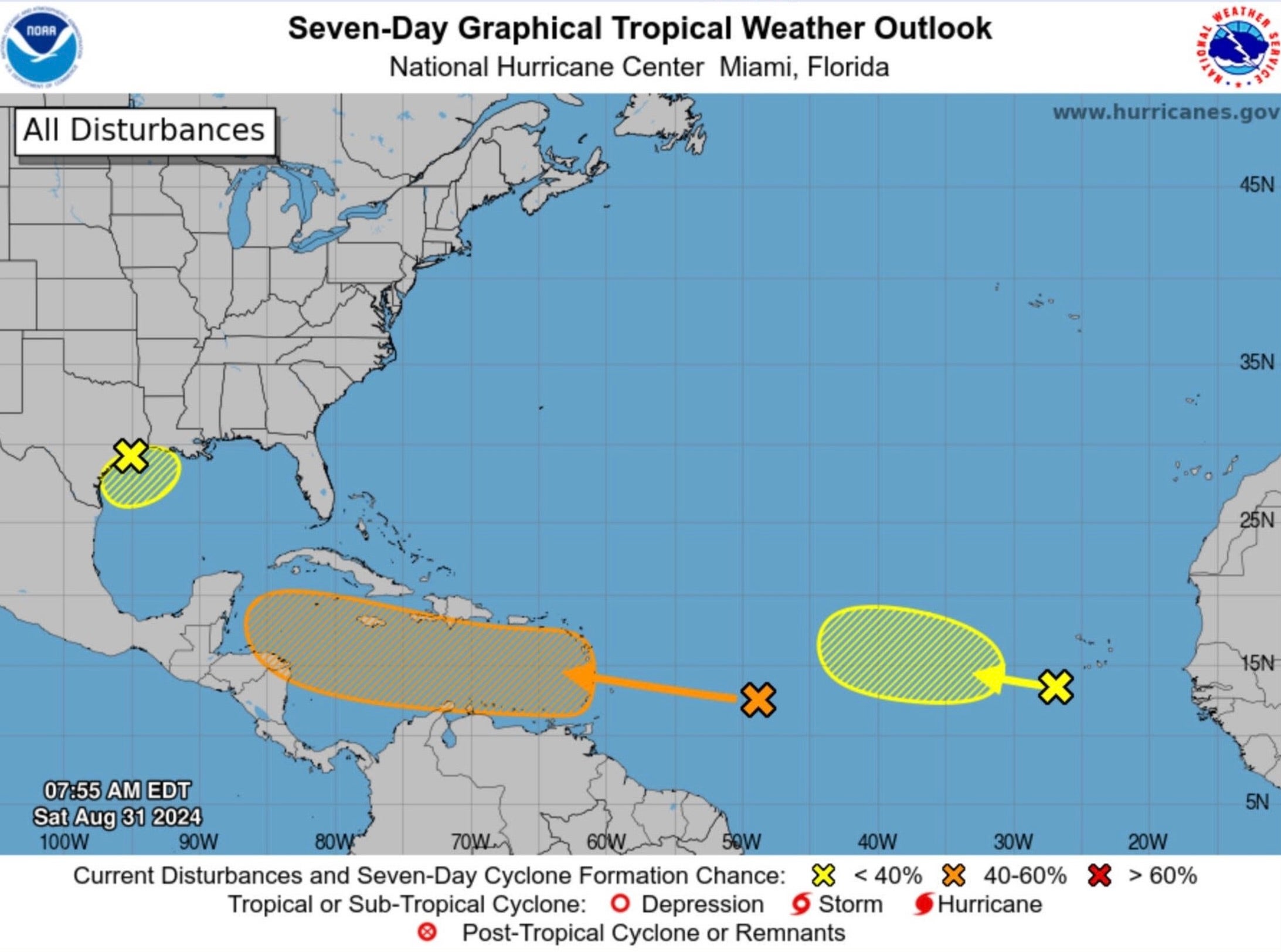 The National Hurricane Center is tracking three separate tropical waves with potential to develop into storms