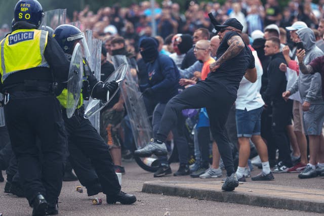 <p>Rioting took place in a number of UK cities, including Rotherham (pictured), following stabbings in Southport in July</p>