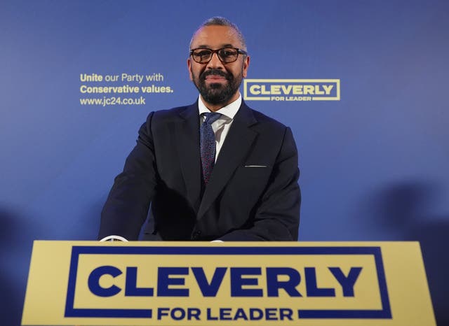 <p>James Cleverly speaking at a Conservative Party leadership campaign event (James Manning/PA)</p>